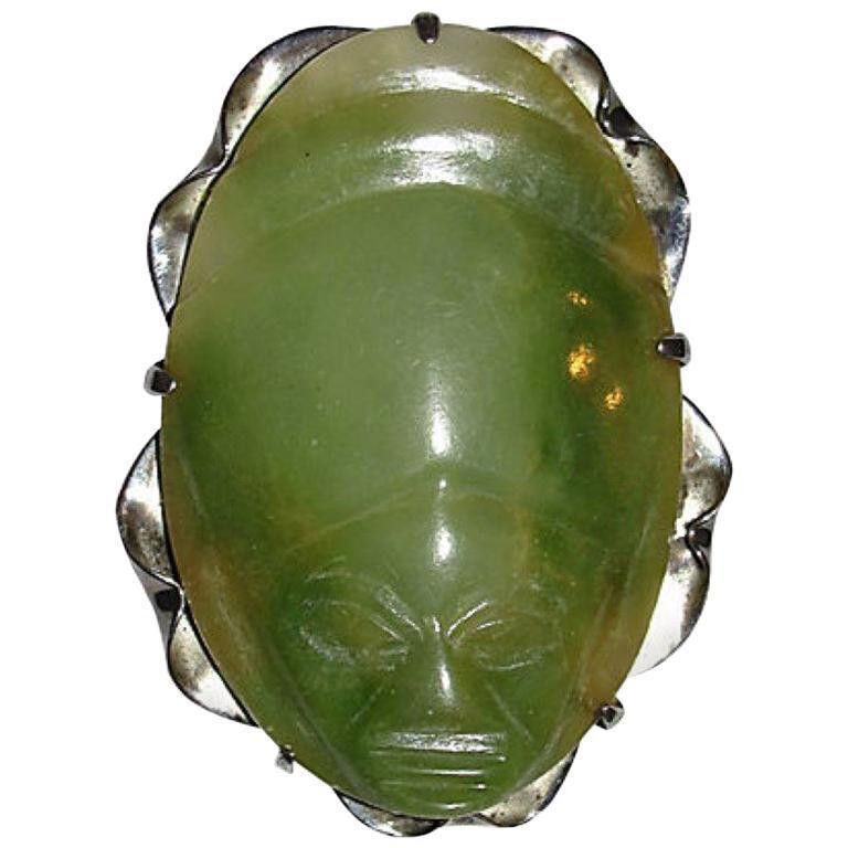 Handmade Mexican Carved Jade Sterling Silver Mask Pendant Brooch Size ONE SIZE - 1 Thumbnail