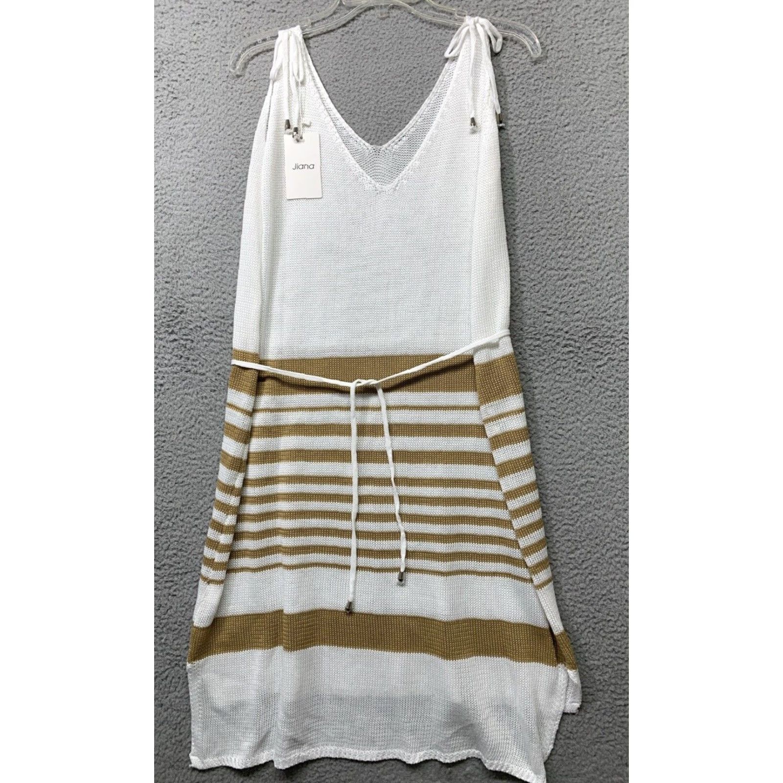 Vintage Kiana Tank Top Knitted Dress XL Khaki White Stripe Tie-Waist Blouson Dress Size XL / US 12-14 / IT 48-50 - 2 Thumbnail