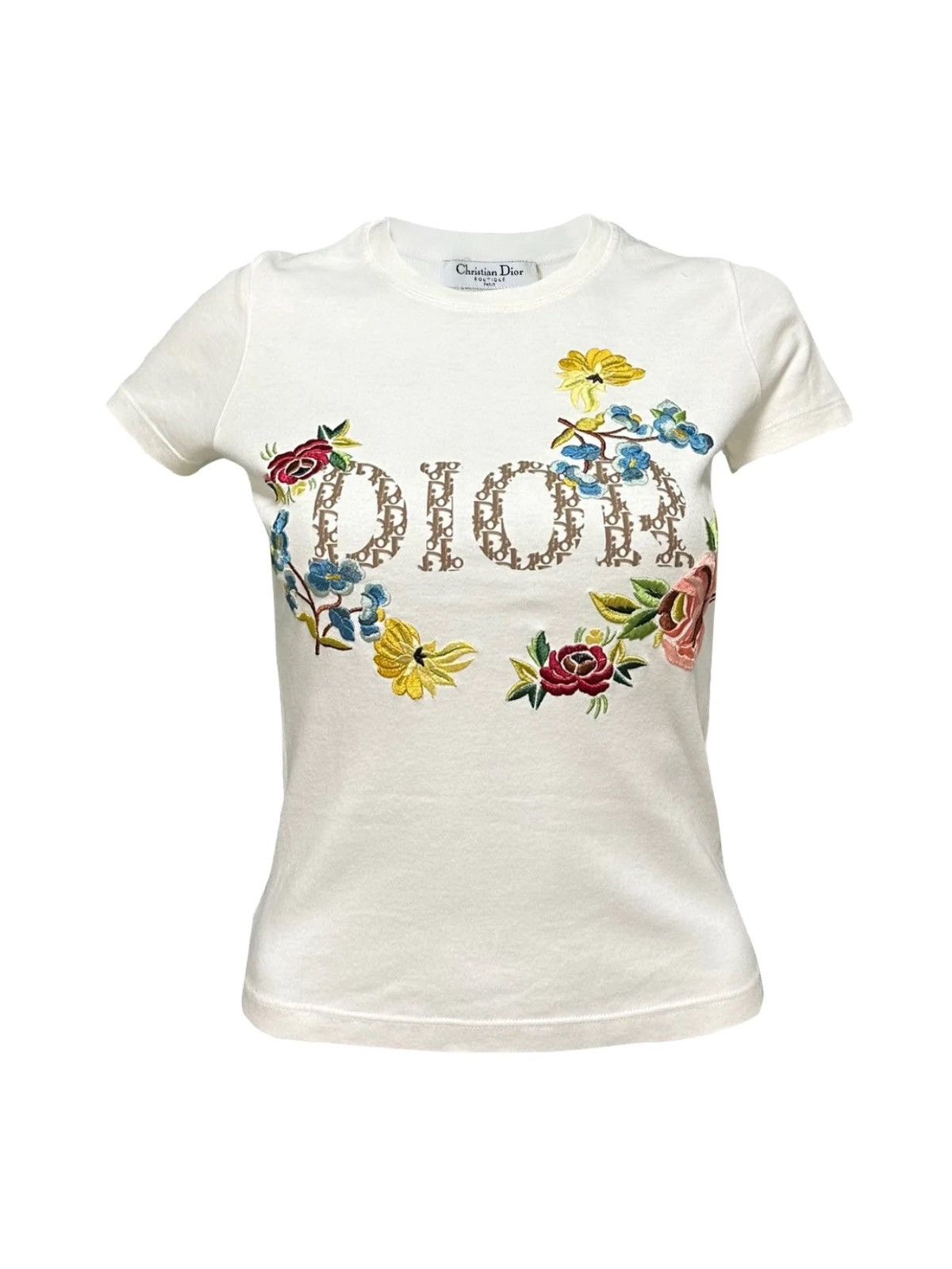 image of Dior Cd S/s 2005 Floral Embroidered Trotter Logo T-Shirt in White, Women's (Size Small)