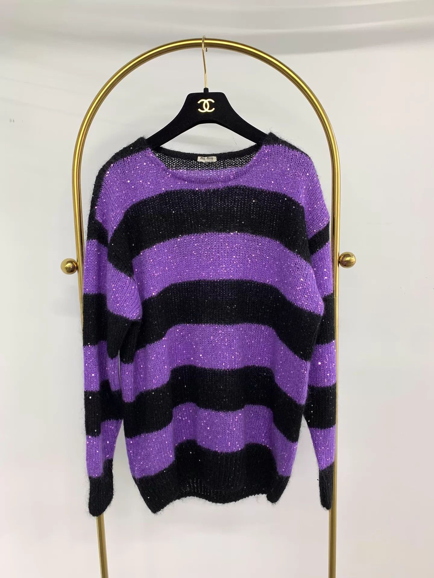 Miu Miu MIU MIU Purple Black Colorblock Sequin Stripe Sweater Size XS / US 0-2 / IT 36-38 - 1 Thumbnail