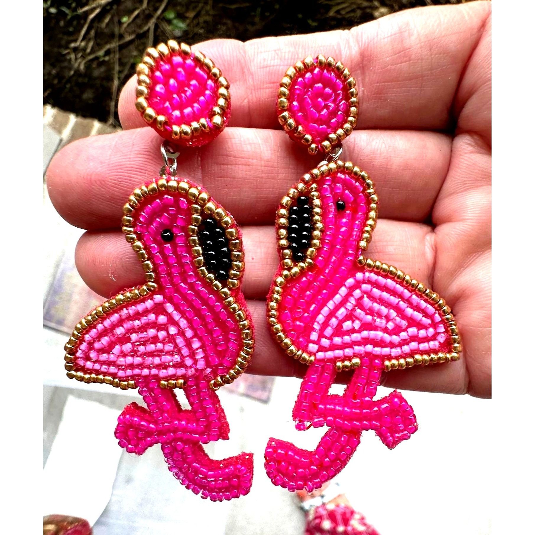 Handmade Flamingo Earrings Beaded Dangle Posts New Pink Statement Jew Size ONE SIZE - 3 Thumbnail