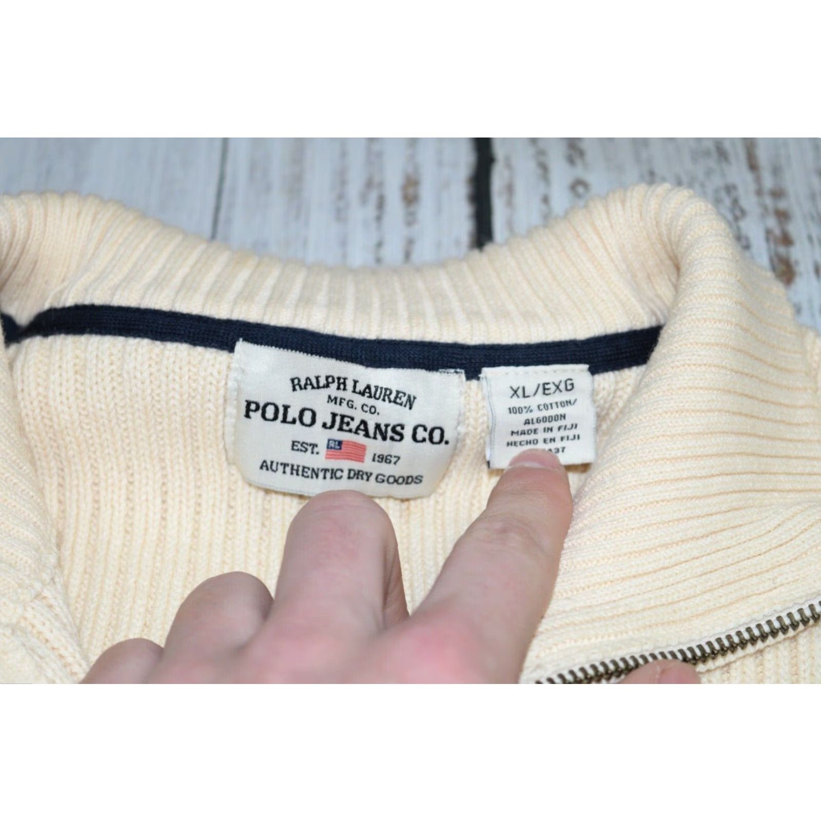 VINTAGE Polo Ralph Lauren Polo Jeans Ribbed Zip Up Sweater XL Beige Mock Neck Men’s Knit 100% Cotton Full Zip Jacket Theme Polo