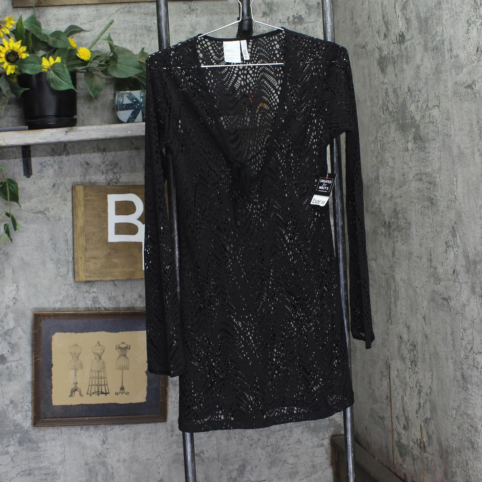 Bar III Nwt Bar Iii Crochet Plunge-neck Cover Up Mbgc25837 Black S Size ONE SIZE - 1 Thumbnail