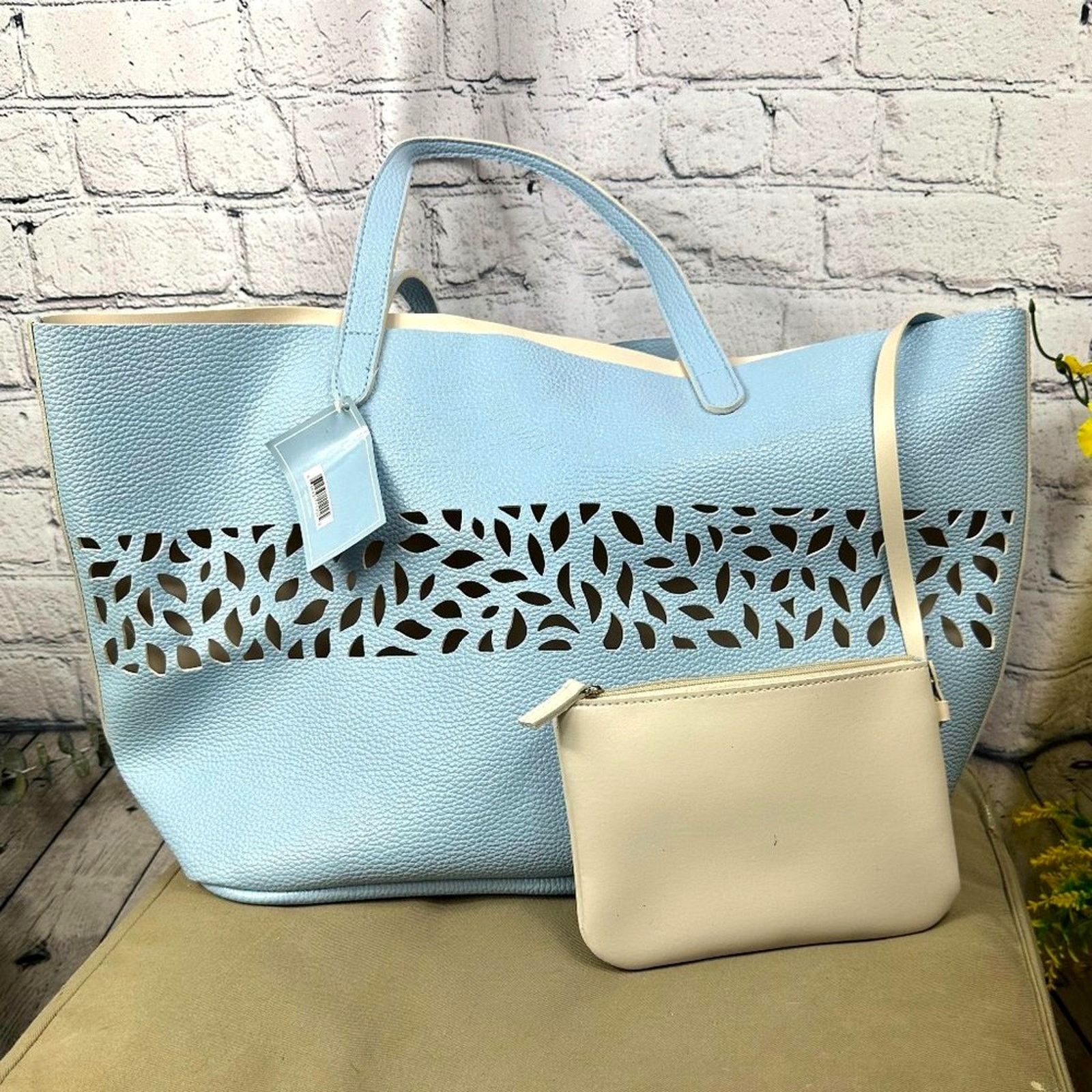 Other Laser Cut Light Blue Faux Pebble Leather Tote Bag with pouch Size ONE SIZE - 2 Thumbnail