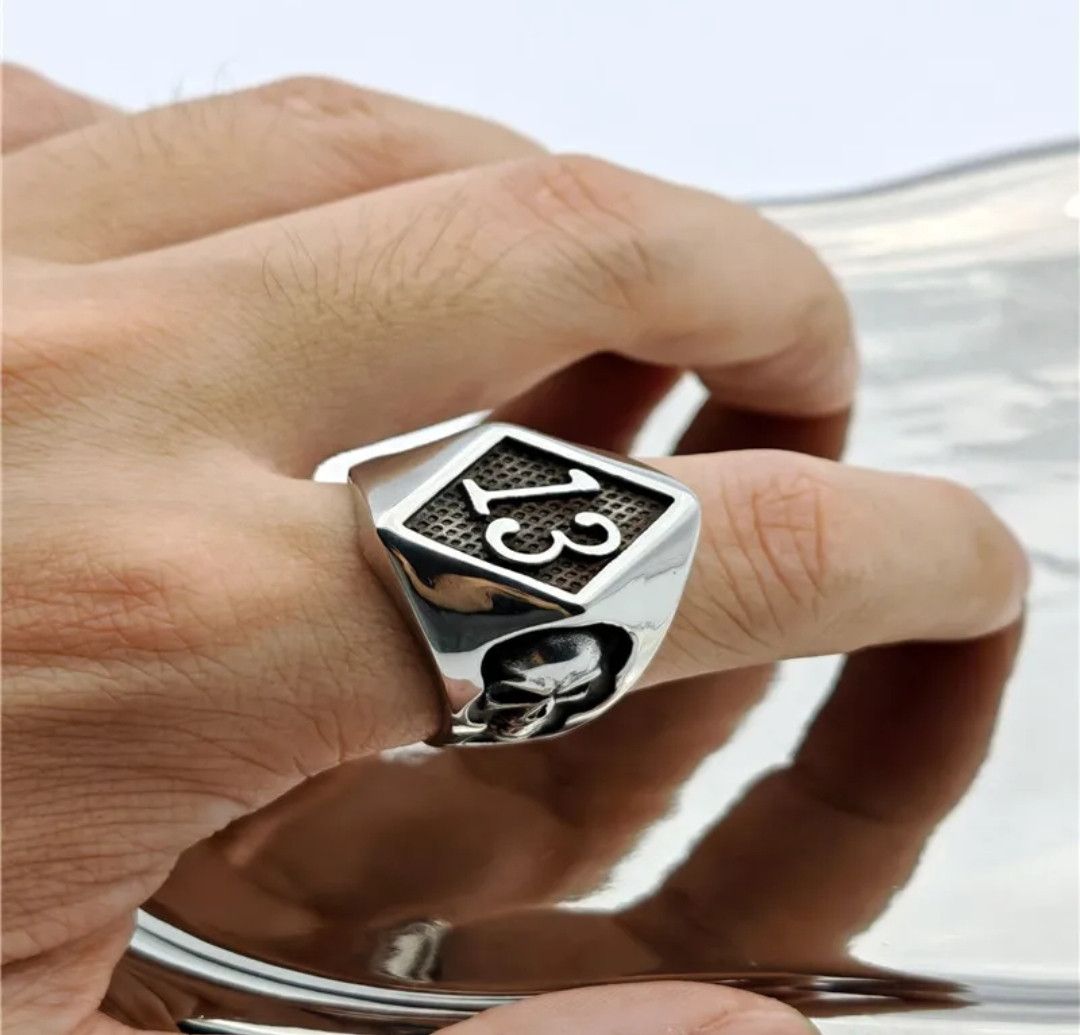 Jewelry Number 13 Solid Skull Ring Stainless Steel Punk Skeleton Size ONE SIZE - 4 Thumbnail