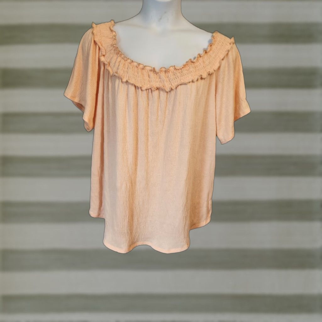 Vintage French Laundry Blouse Shirt 3X Peach Off the Shoulder Smocked Trim Rayon Polyester Spandex Casual Sleeve Womens Plus Size Size XXL / US 16-18 / IT 52-54 - 1 Thumbnail