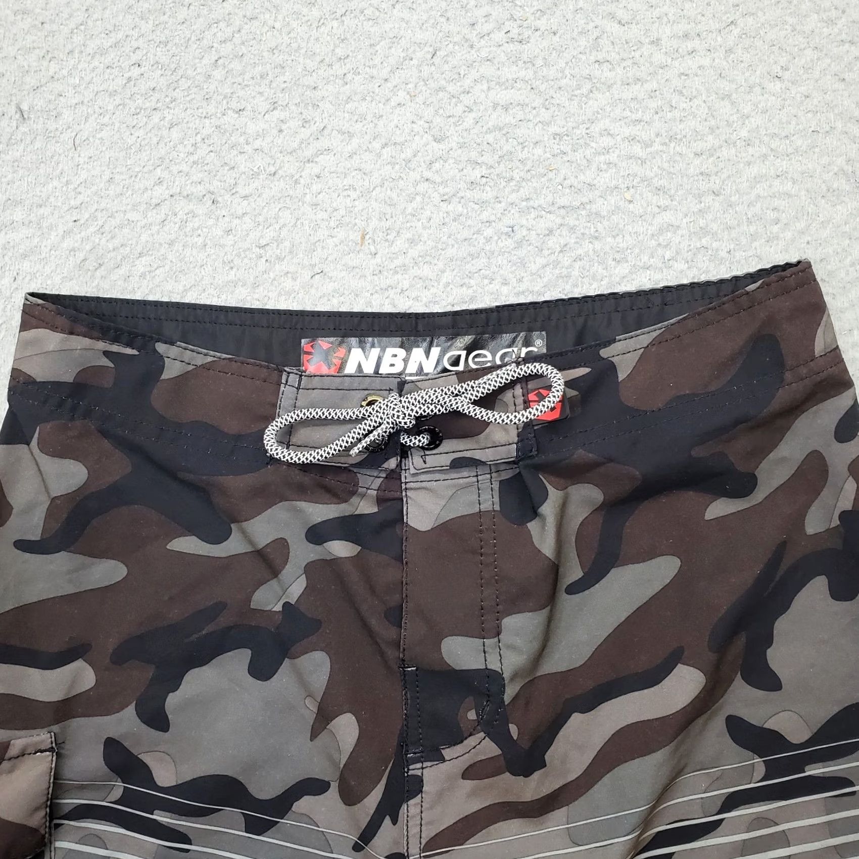 Vintage Nothing But Net Gear Shorts Mens 30 Boardshorts Multi Camo Striped Stretch Drawstring Size ONE SIZE - 6 Thumbnail