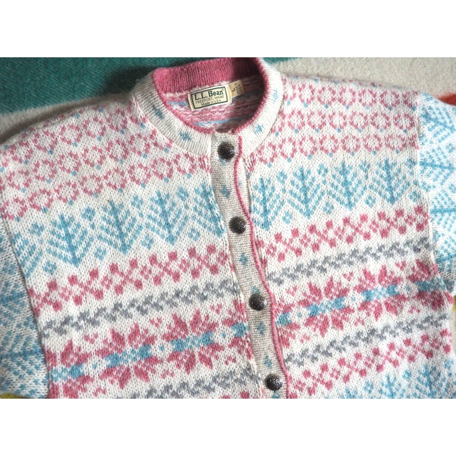 Vintage VTG LL Bean Freeport Cardigan Sweater Pink Wool Fair Isle 70s L Womens Button Decade 1970s Boho Casual ID? Size L / US 10 / IT 46 - 3 Thumbnail