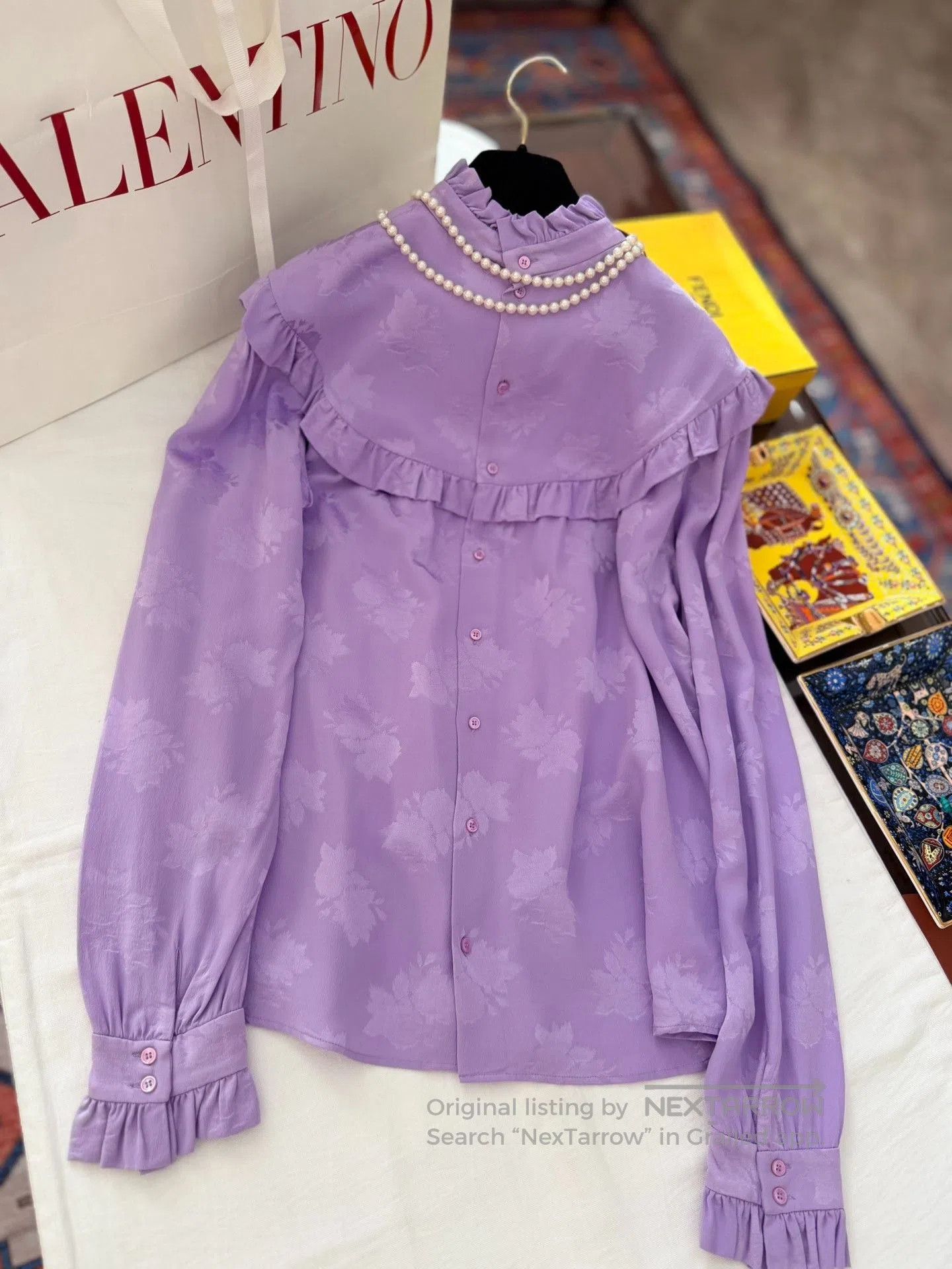 Saint Laurent Paris YSL Purple Floral Ruffled Silk Blouse. Size M / US 6-8 / IT 42-44 - 5 Thumbnail