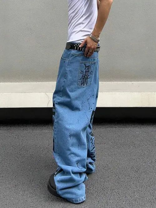 Japanese Brand Graphic Wide Leg Jeans Drip Size US 35 - 3 Thumbnail