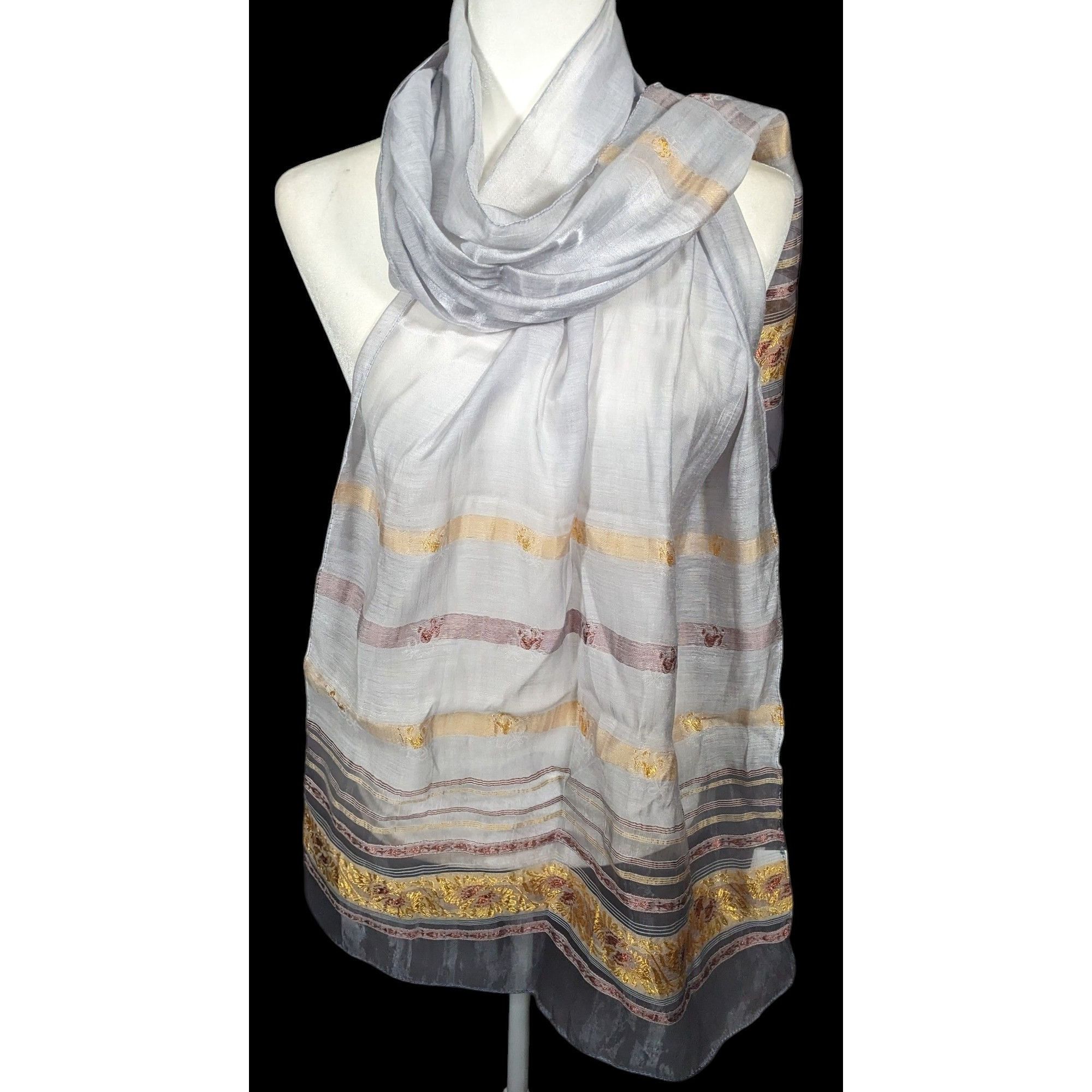 Other Semi Sheer Grey And Gold Metallic Striped Scarf Size ONE SIZE - 3 Thumbnail