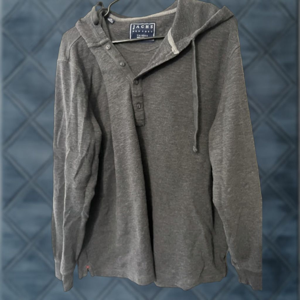 Vintage JACHS Men’s Long Sleeve 1/4 Button Hoodie Shirt Gray XL Striped Casual Pullover Hoodie with Pockets Mock Neck Stand-Up Collar Size US XL / EU 56 / 4 - 1 Thumbnail