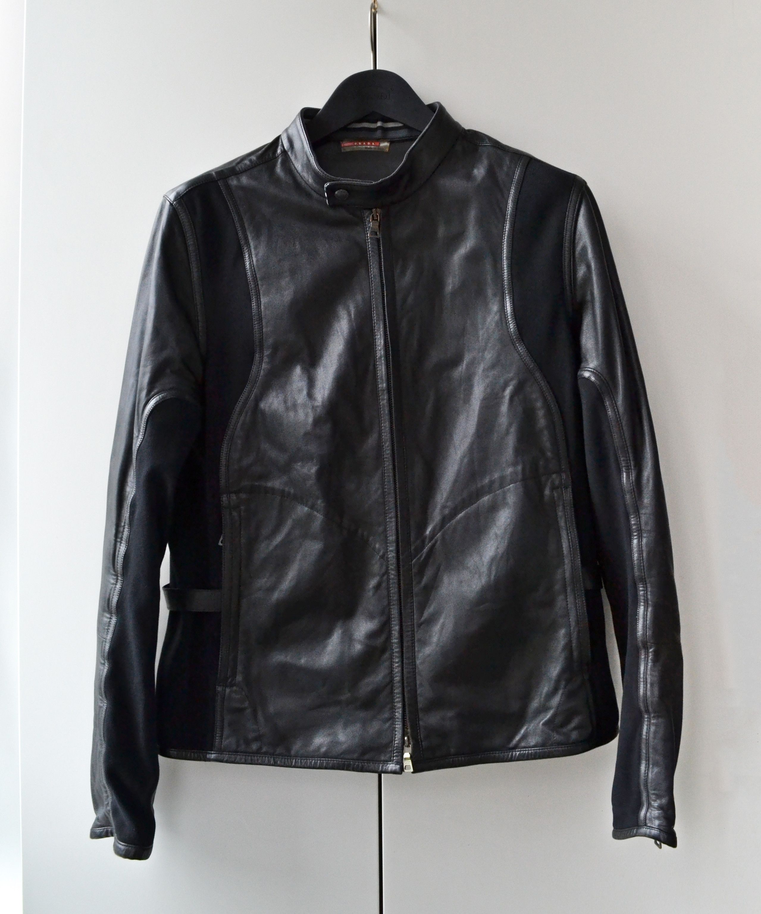 🔵 PRADA Leather Jacket Black Zip Bomber Pockets Nylon