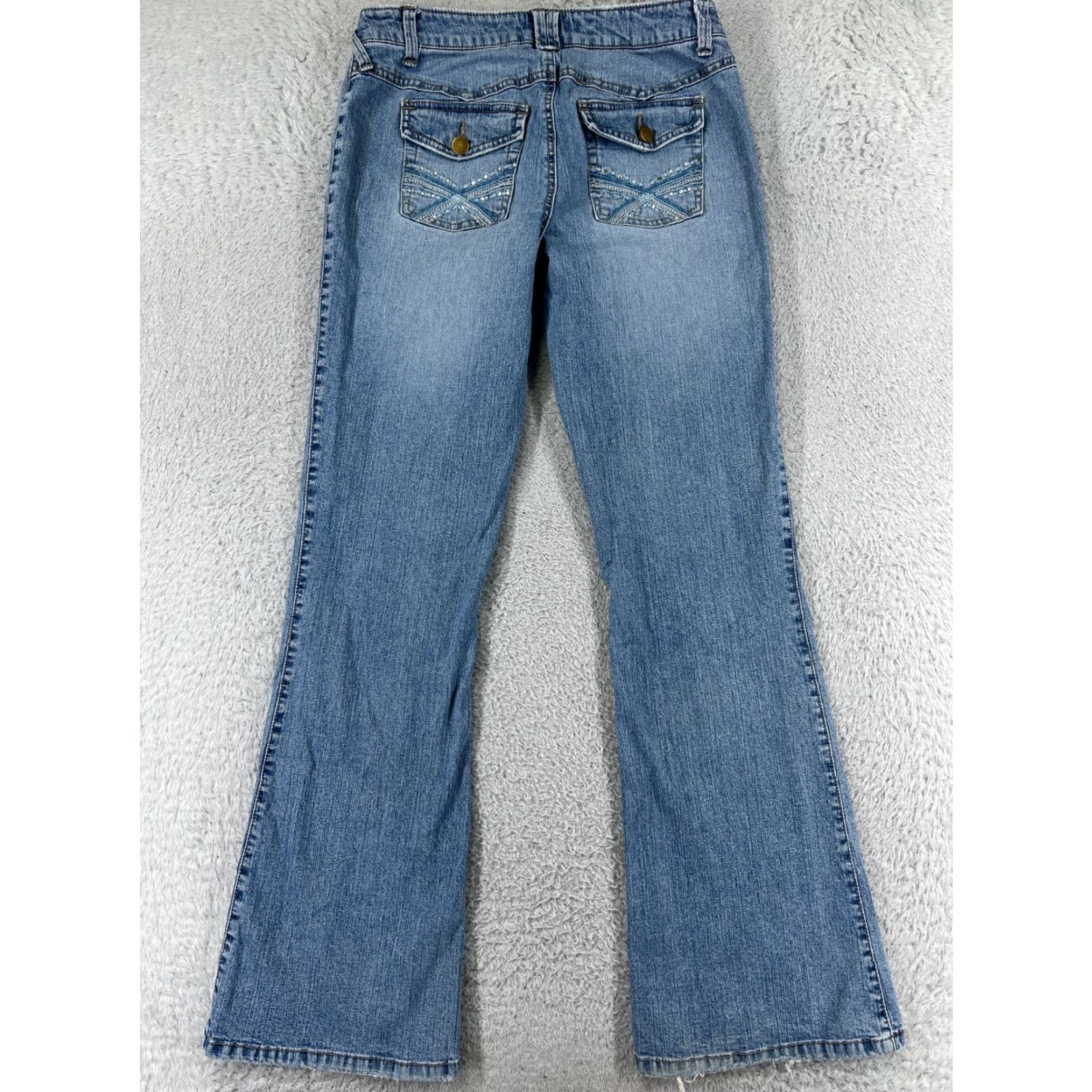 Denime Duplex Jeans Women 7 Blue Denim Low Rise Flared Embroidered Cotton Denim Jeans Womens 7 Size 28" / US 6 / IT 42 - 2 Thumbnail