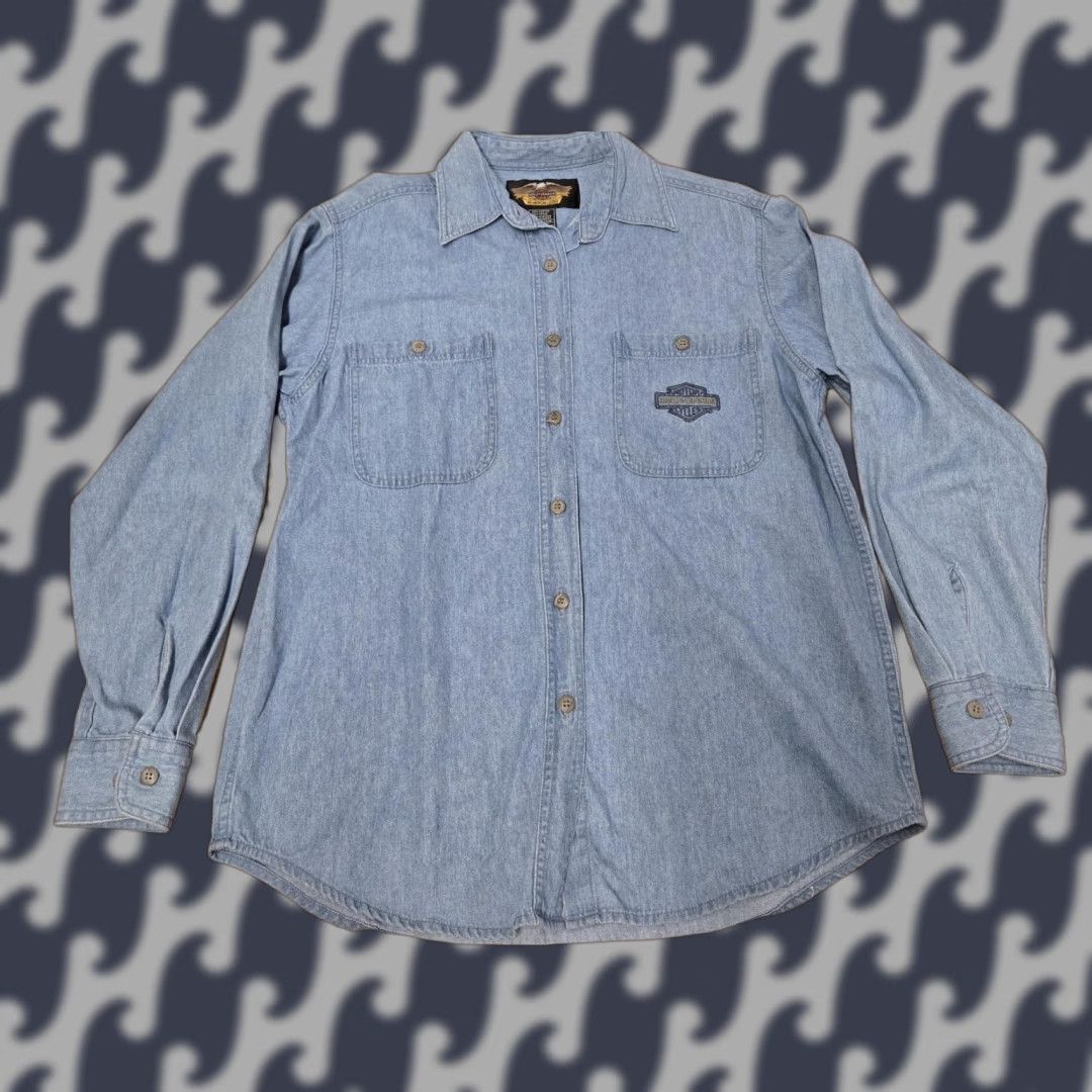 Harley Davidson Harley-Davidson Shirt Womens Large Blue Denim Long Sleeve Button-Up Bar Shield Logo Size L / US 10 / IT 46 - 1 Thumbnail