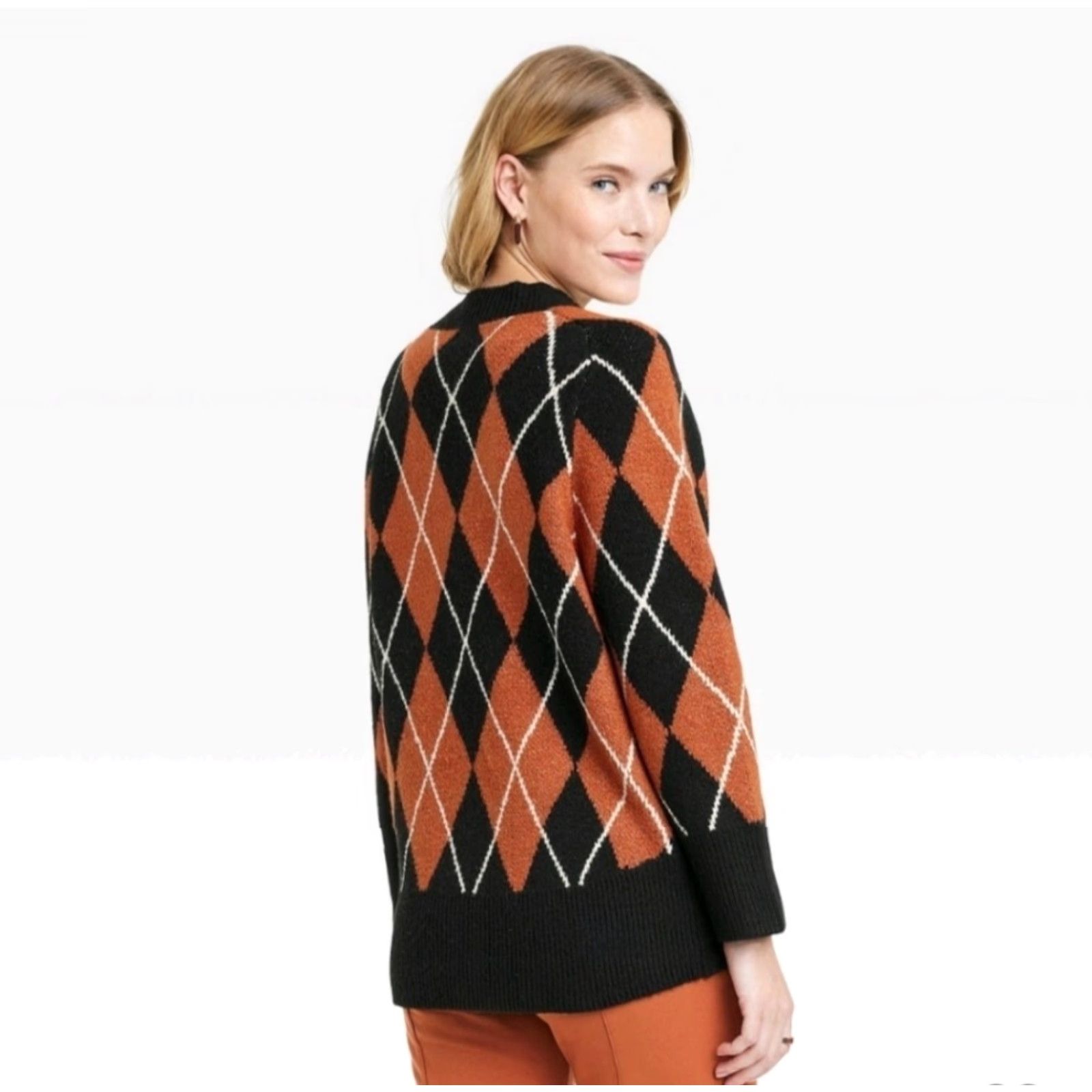 Vintage A New Day Long Sleeve Knitted Black Rust Orange Argyle Tunic Women's Med Sweater Size M / US 6-8 / IT 42-44 - 2 Thumbnail