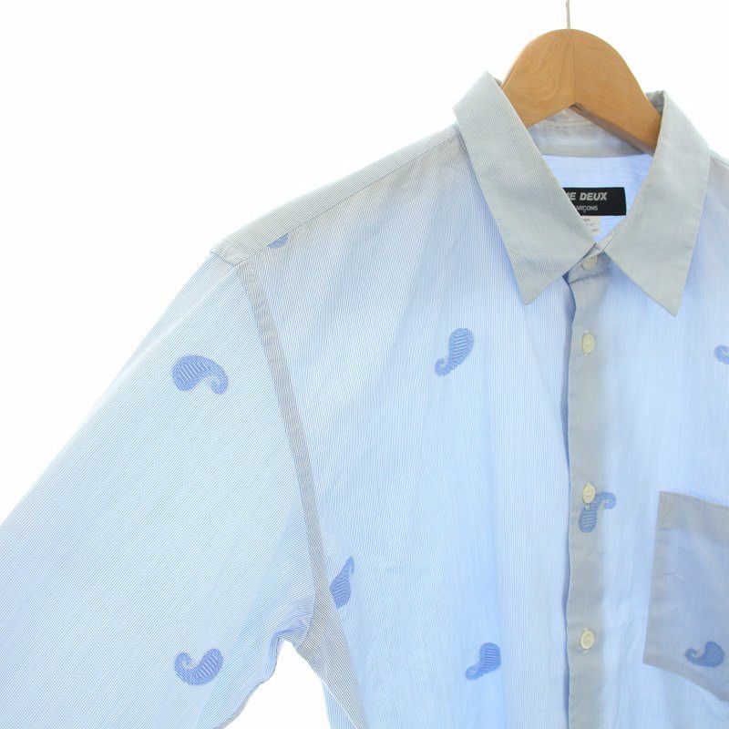 Comme des Garcons Homme Deux Shirt Long Sleeve Striped Paisley Embroidery Light Blue Size US S / EU 44-46 / 1 - 3 Thumbnail
