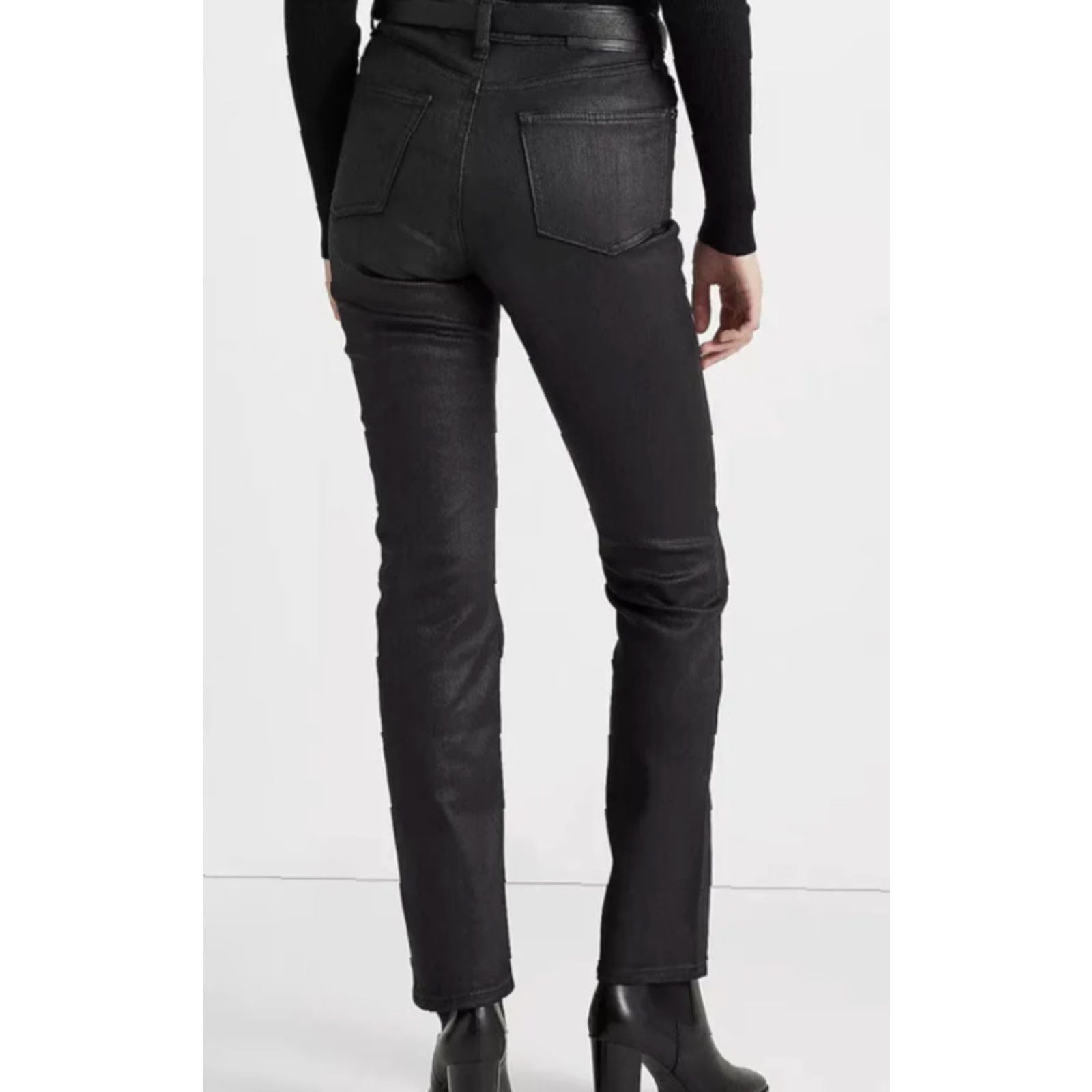 Ralph Lauren Denim Jeans Coated High Rise Ankle Straight Women Size 6 Black Dark Logo 90s