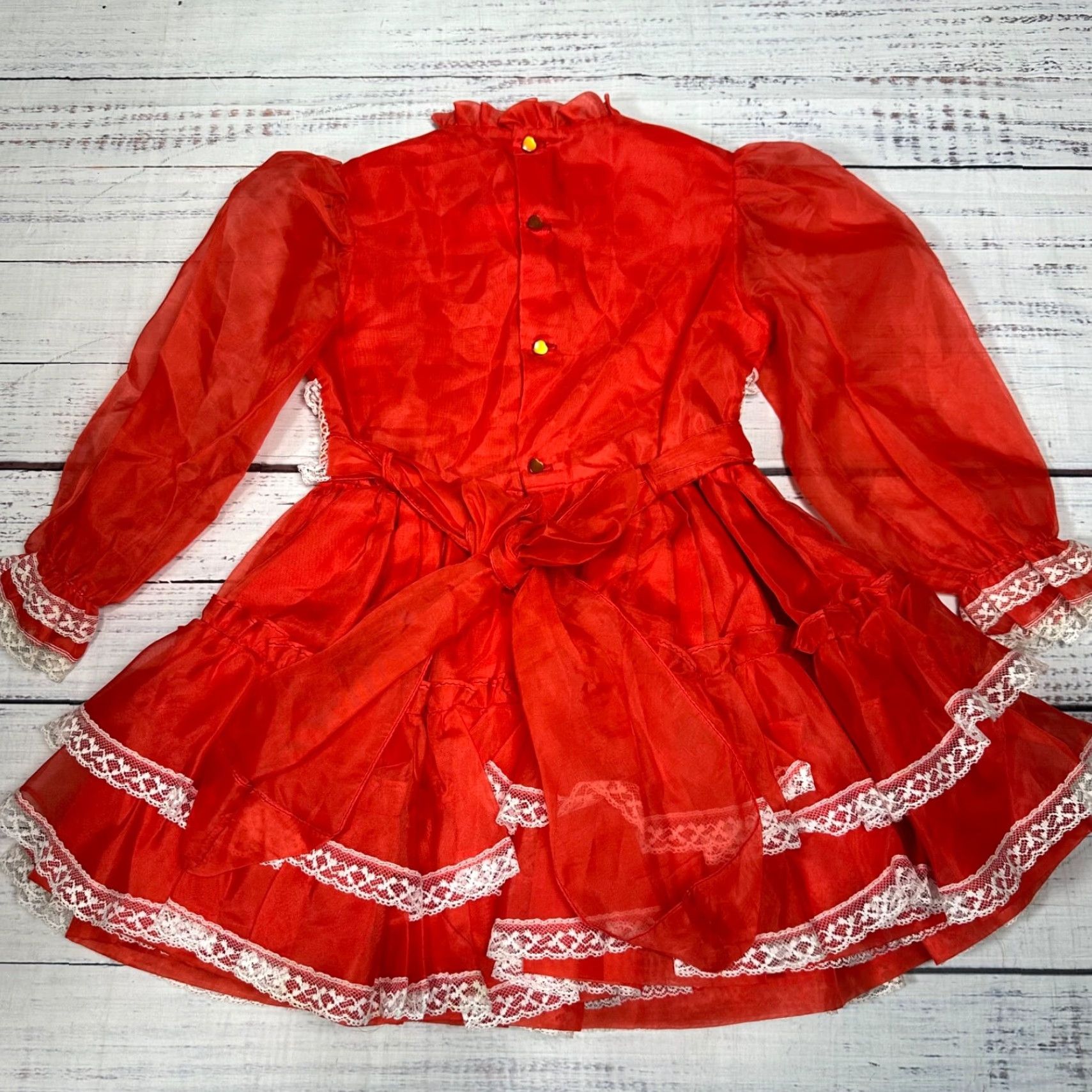 Vintage Vtg Martha's Miniatures Girls Ruffled Circle Dress Size 6 Red Lace Trim Long Slv Size ONE SIZE - 5 Thumbnail