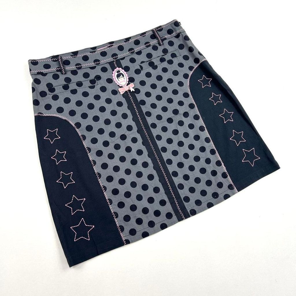 Vintage y2k euro black gray and pink polka dot midi skirt Size 33" - 1 Thumbnail