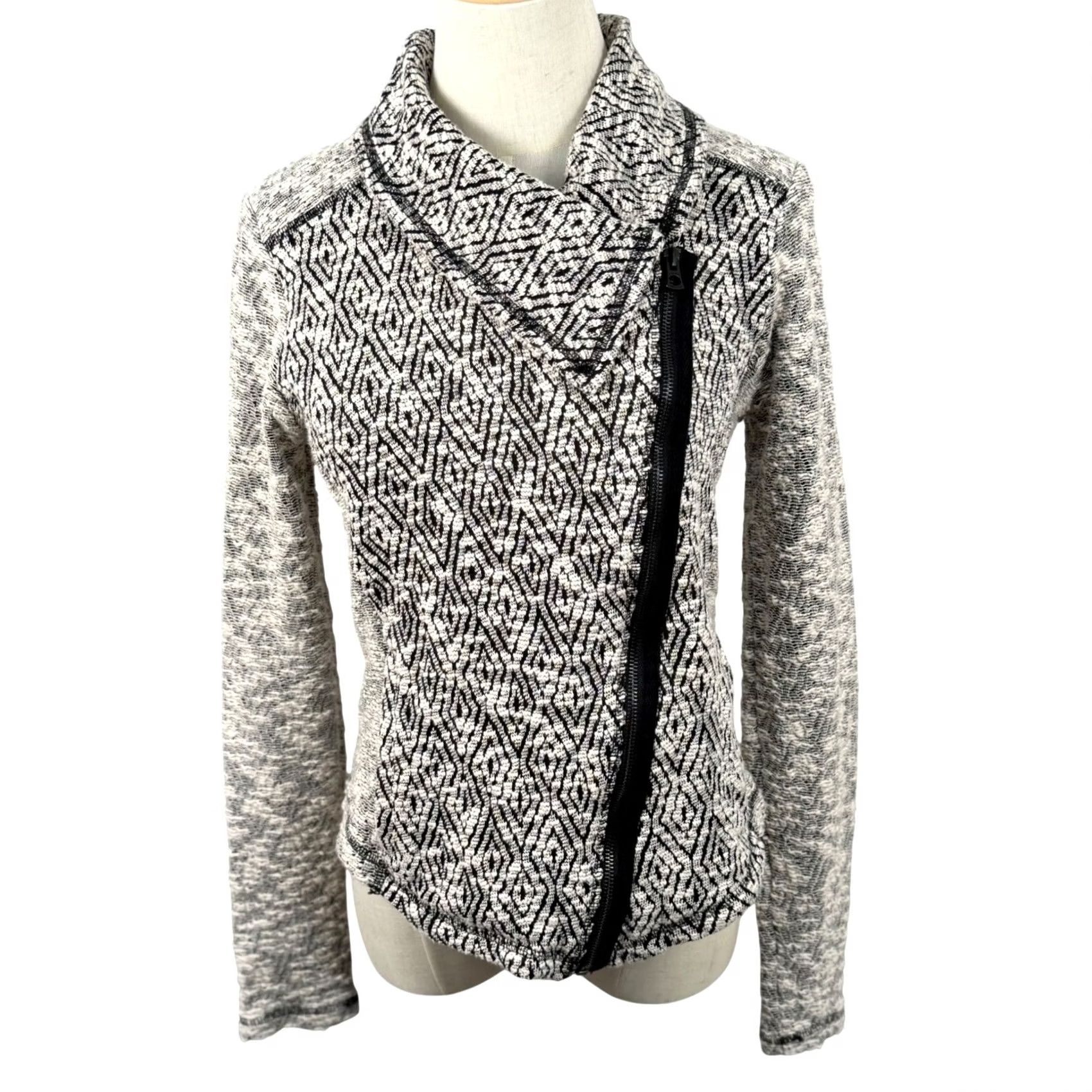Lucky Brand Lucky Brand S Boucle Knit Sweater Moto Jacket Geometric Diamond Asymmetrical Zip Coat Size S / US 4 / IT 40 - 2 Thumbnail
