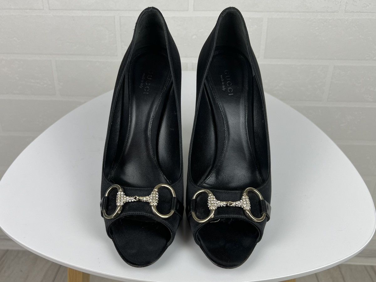 Gucci GUCCI Heels Satin Shoes Rhinestone Crystal Horsebit Peep Toe Size US 8.5 / IT 38.5 - 7 Thumbnail