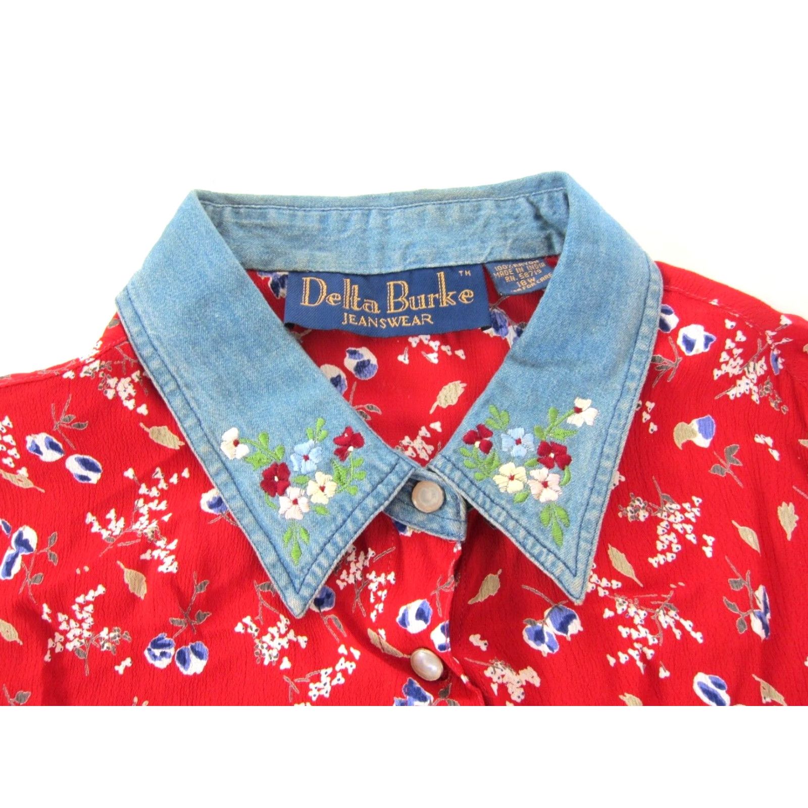 Vintage VINTAGE NWT 100% RAYON Red Floral Collared Button Down Blouse 18W Delta Burke Womens Blouse Size XXL / US 16-18 / IT 52-54 - 3 Thumbnail