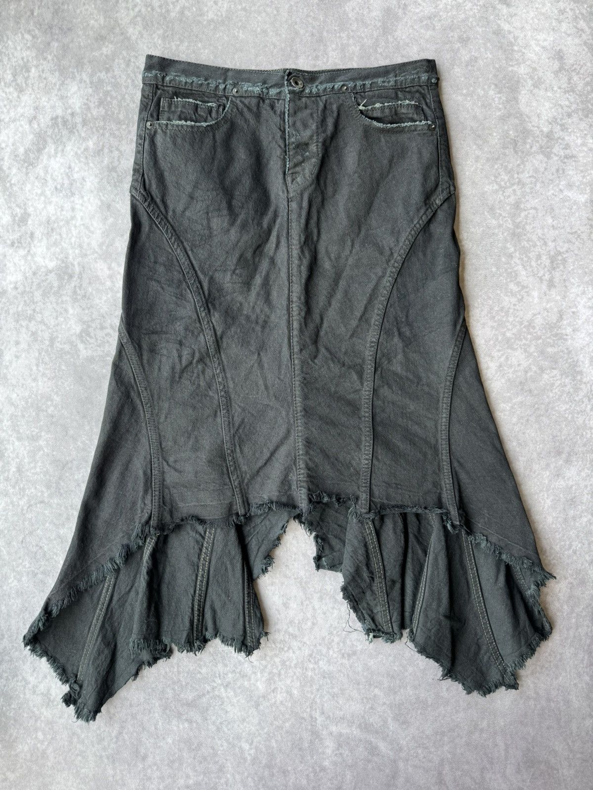 Rick Owens × Rick Owens Drkshdw Rick Owens DRKSHDW Waxed Asymmetrical Denim Skirt Size 27" / US 4 / IT 40 - 1 Thumbnail