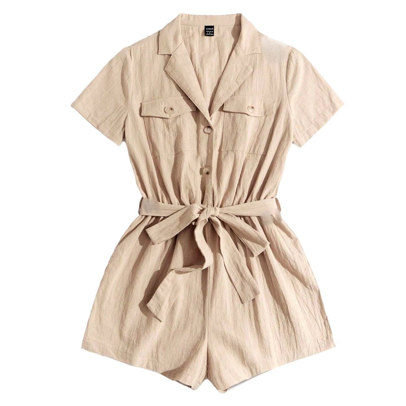 Shein Flap Pocket Belted Shirt Romper in Apricot, Size S Size 27" / US 4 / IT 40 - 1 Thumbnail