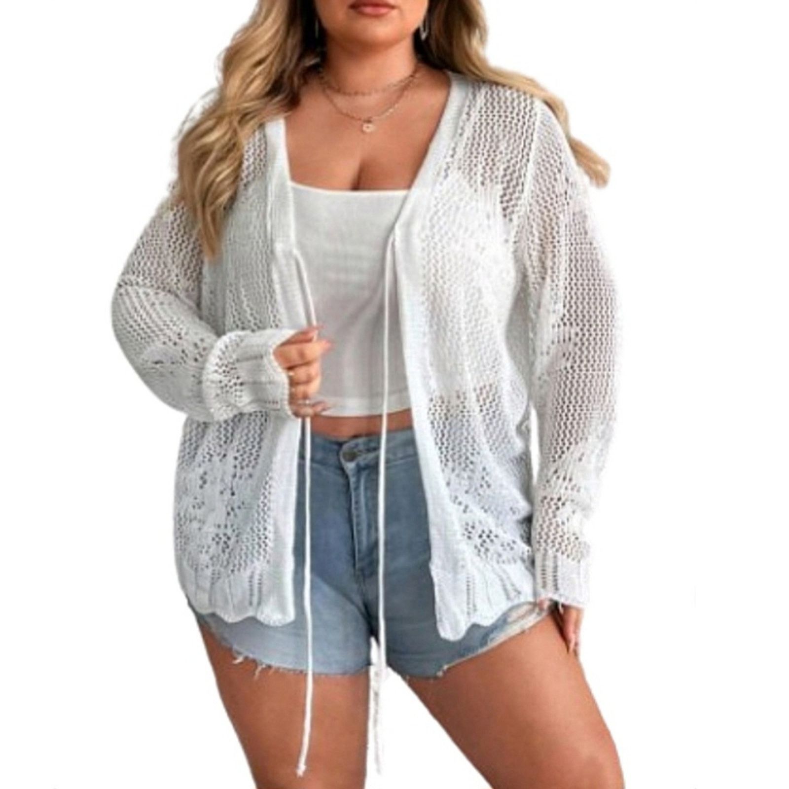 Shein OFF-WHITE ☆ CROCHET STYLE ☆ TIE FRONT ☆ CARDIGAN 4x ☆ NWT Size 4XL / US 24-26 - 2 Thumbnail