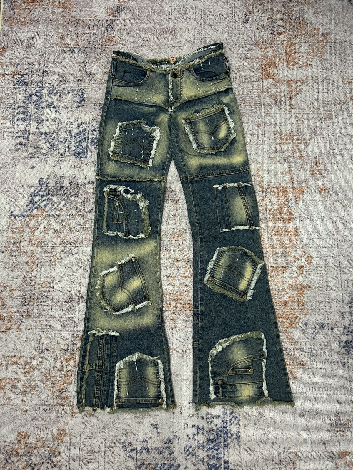 If Six Was Nine Modernistic Acid Wash Multi Pocket Flare Jeans Size US 28 / EU 44 - 2 Thumbnail
