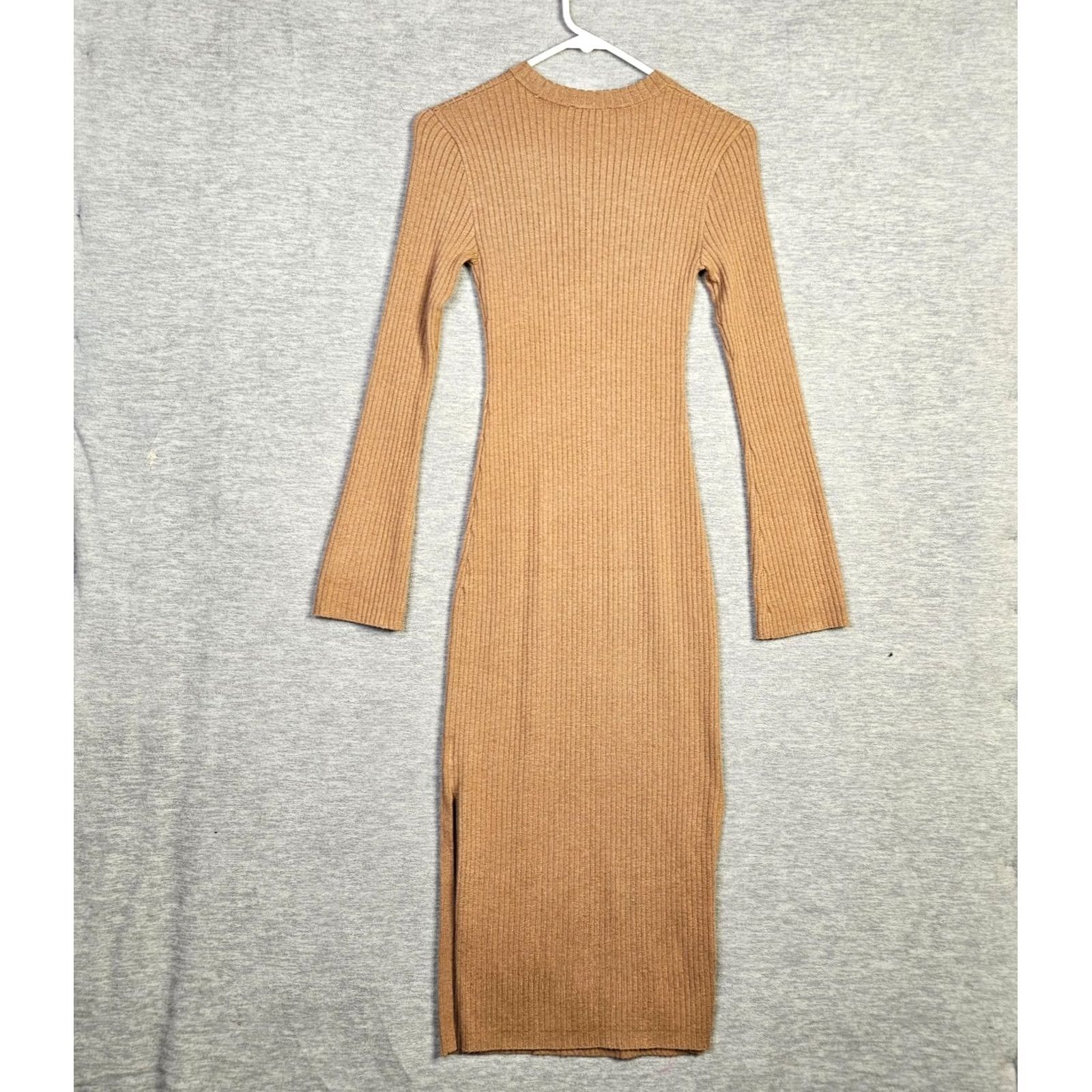 AYR AYR Womens XS Ribbed Knit Dress Tan Long Sleeve Midi Colorful Solid A-Line Size XS / US 0-2 / IT 36-38 - 2 Thumbnail