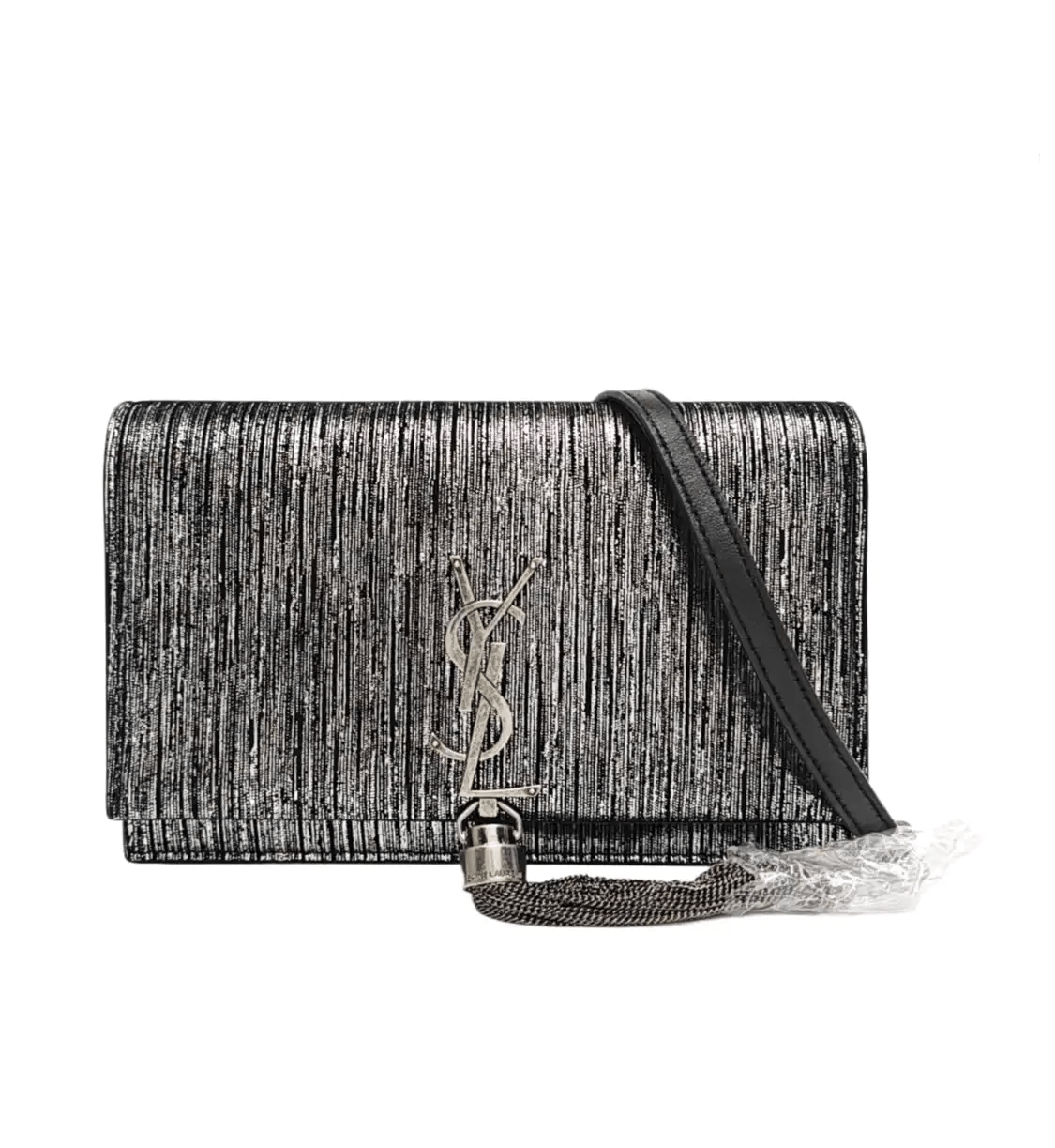 Saint Laurent Paris Ysl Kate Woc Silver Fabric Fringe Chain Bag Flap Bag Shoulde, Women's