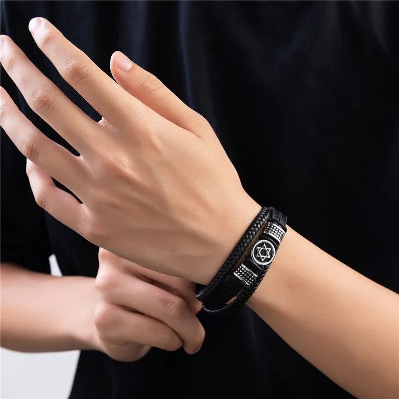 Other Hexagram Star of David Leather Bracelet Cuff Gift For Him Size ONE SIZE - 4 Thumbnail