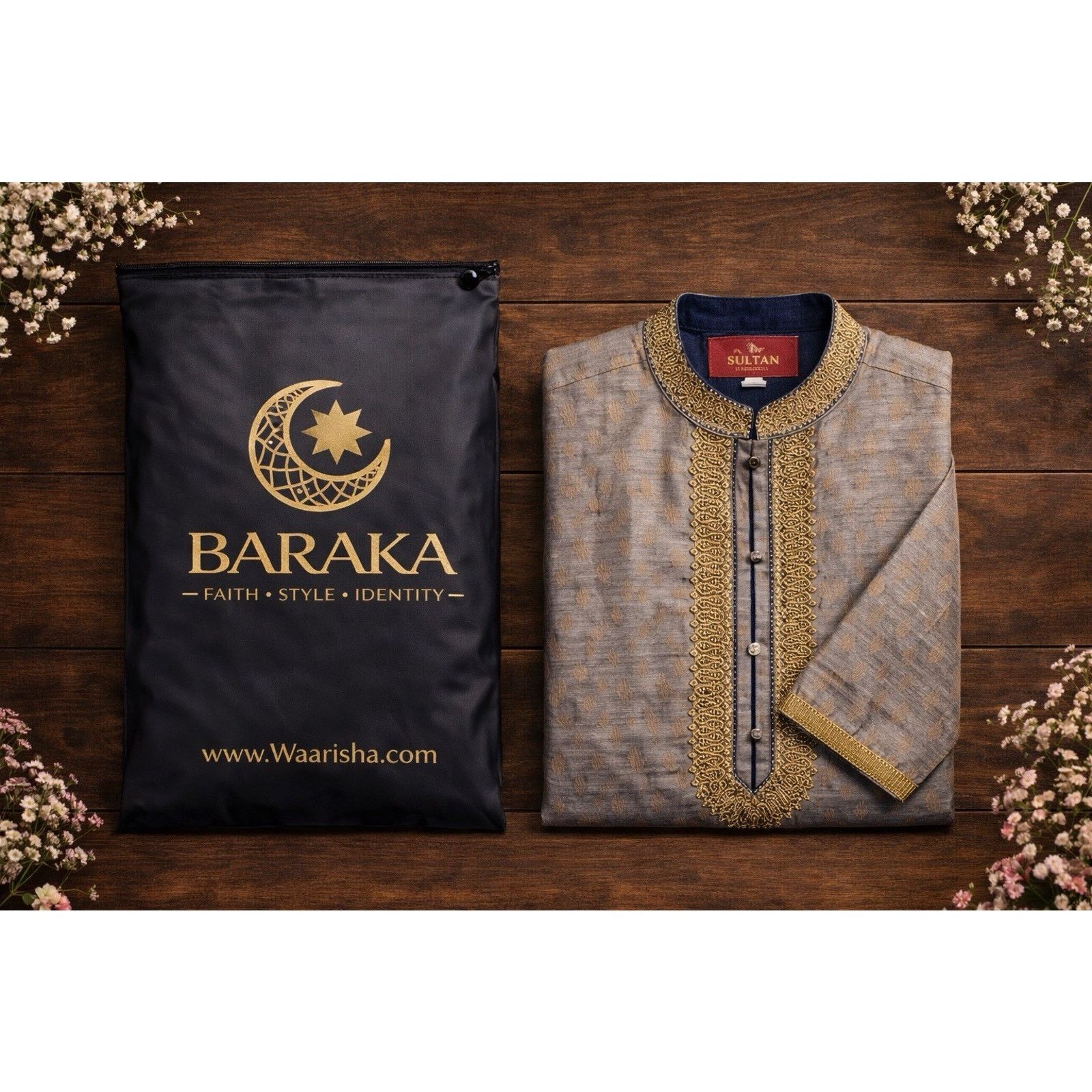 & Other Stories Sultan Men's Gray Kurta Gold Embroidery 21" Chest 42" Length Size US XS / EU 42 / 0 - 5 Thumbnail