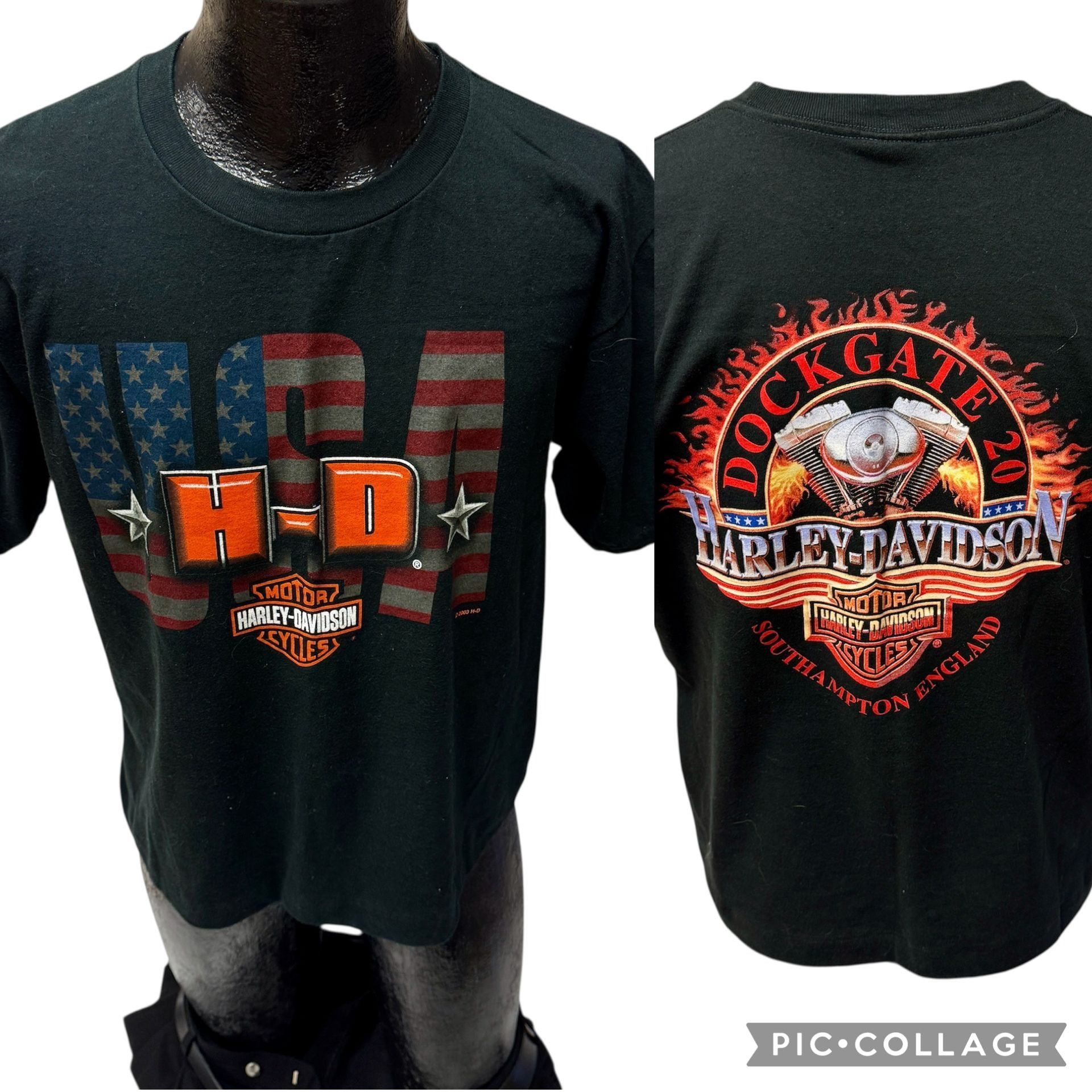 Harley Davidson Vtg USA H-D Flag Motorcycle Biker Motor FLAMES T Shirt Size US L / EU 52-54 / 3 - 1 Thumbnail