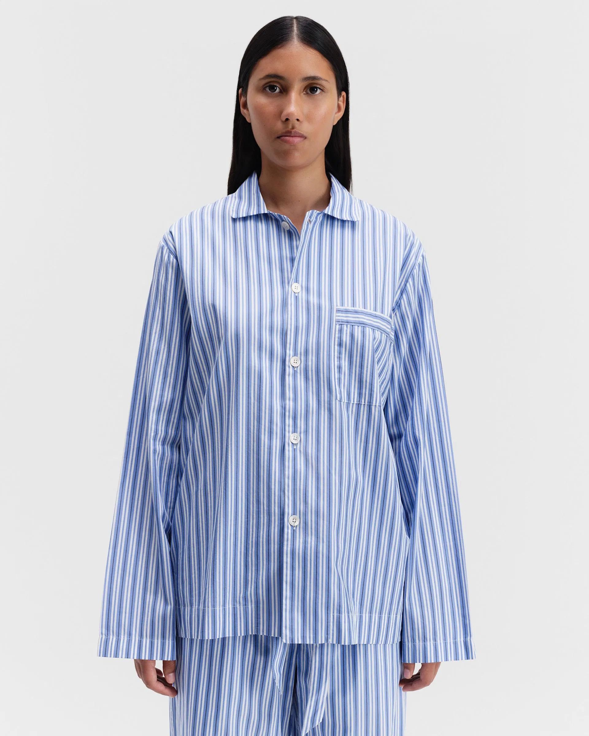 Tekla o1mle0525 Unisex Poplin Pyjamas Shirt Penny Stripes in Blue Size M / US 6-8 / IT 42-44 - 2 Thumbnail