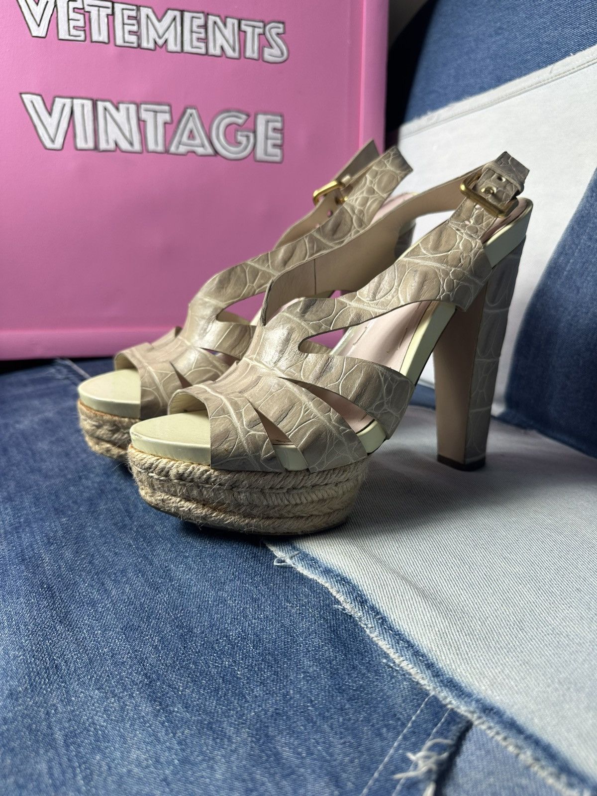 Miu Miu Miu Miu Sandals Open Toe Heels Strappy Platform Beige Size US 8 / IT 38 - 17 Thumbnail