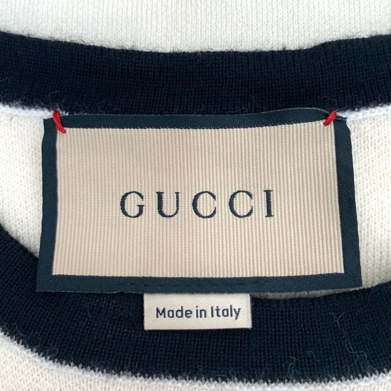 Gucci [Gucci] Embroidered Striped Trim Beige Wool Short-Sleeve Kn Size XS / US 0-2 / IT 36-38 - 2 Thumbnail