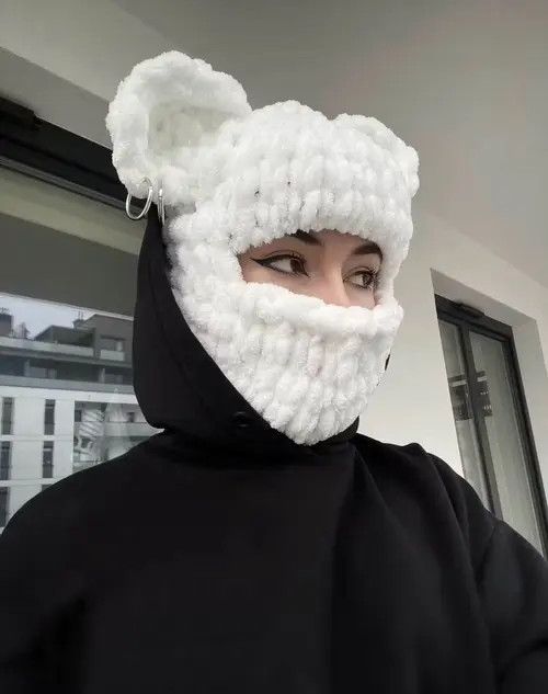 Handmade Dear Balaclava . Knitted ski mask with ears. White face mask Size ONE SIZE - 1 Thumbnail