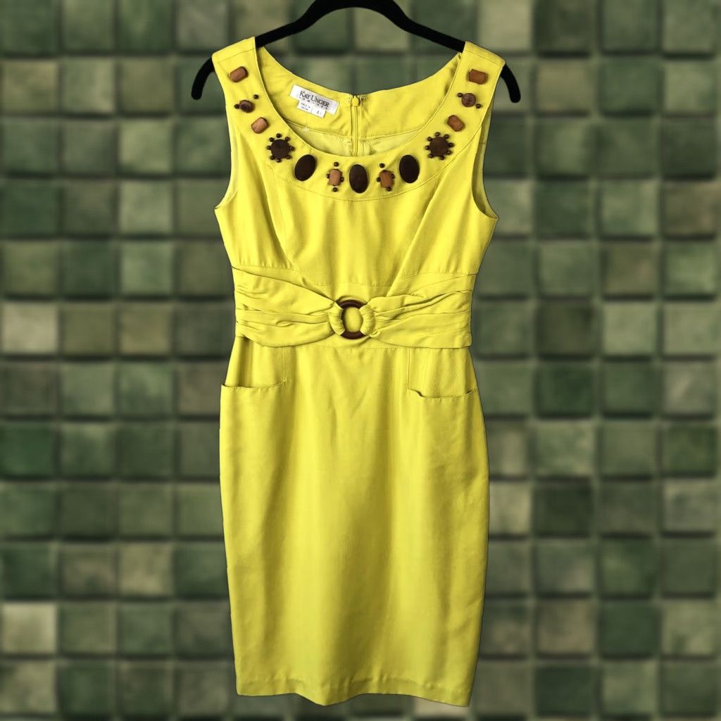 Vintage Kay Unger Dress Womens 4 Yellow Silk Sheath Wood Beaded Waist Belt Cocktail Glam Size S / US 4 / IT 40 - 1 Thumbnail