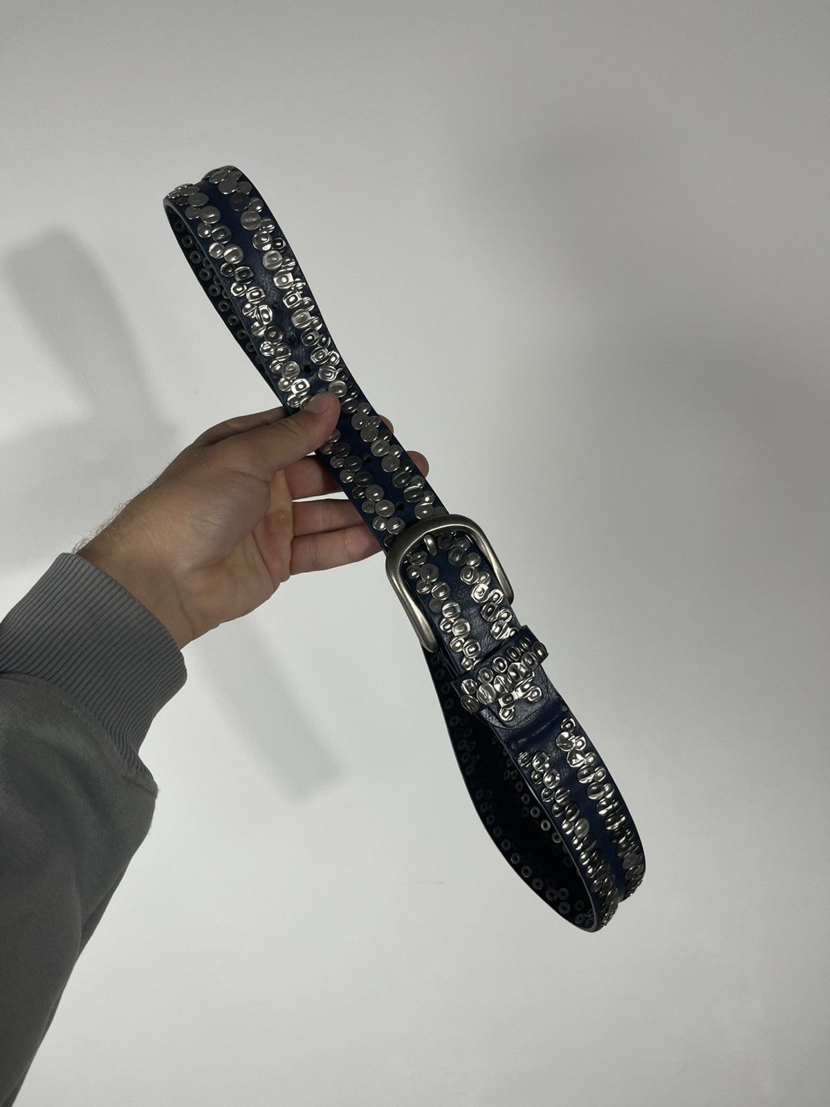 Vintage Blue Leather Belt with Silver Metal Studs Punk Rock Style Size ONE SIZE - 7 Thumbnail