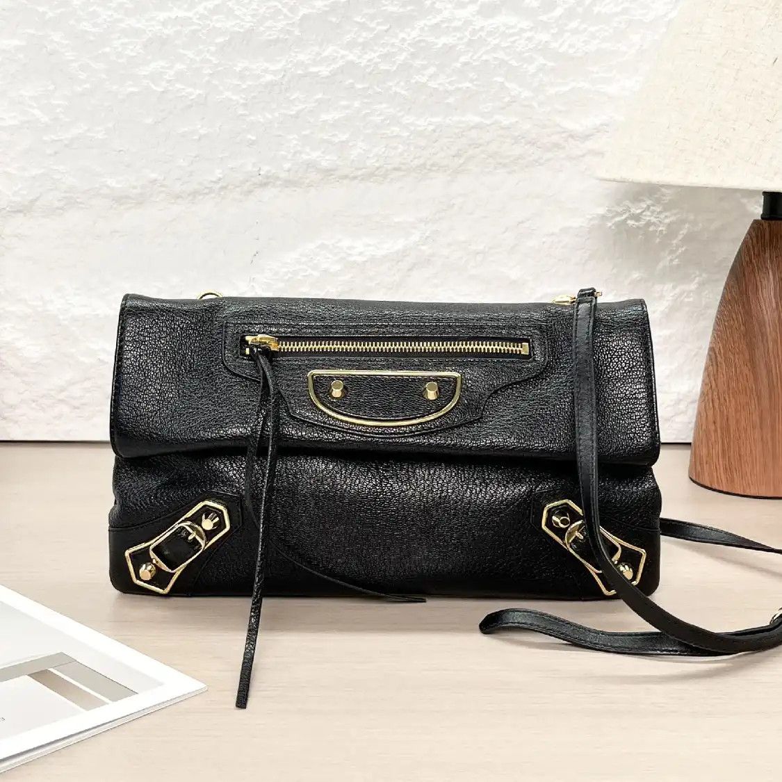 Balenciaga Classic Metallic Edge City Black Cowhide Leather Motorcycle Crossbody, Women's
