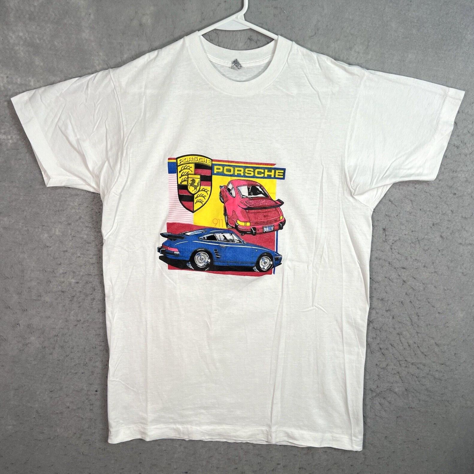 image of Mademe Vintage 80's Bvd Porsche 911 Turbo Racing Car T Shirt Adult XL White Usa Made Men