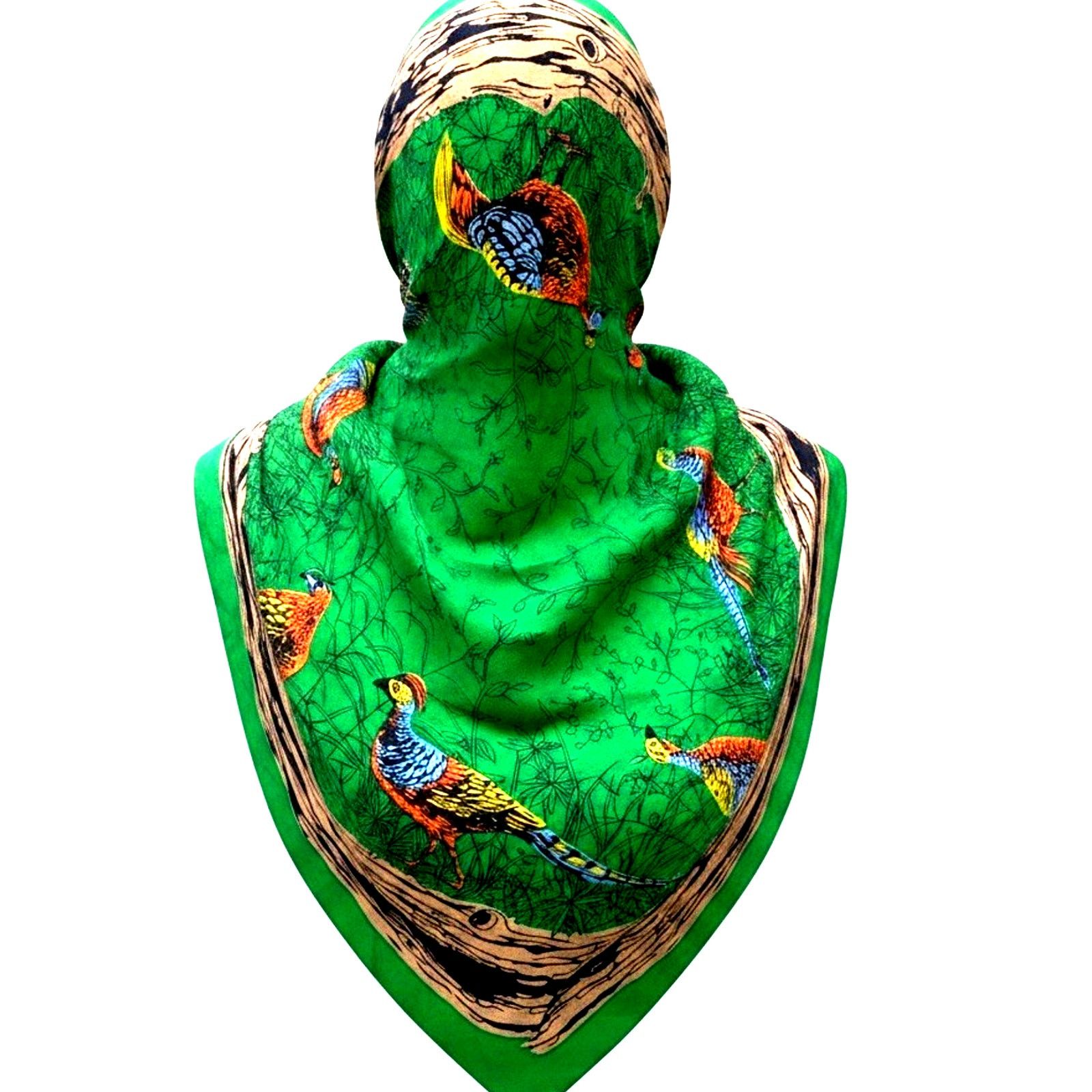 Other VTG Scarf Pheasant Bird Nature Green Hunting Wood Border 70s Size ONE SIZE - 2 Thumbnail