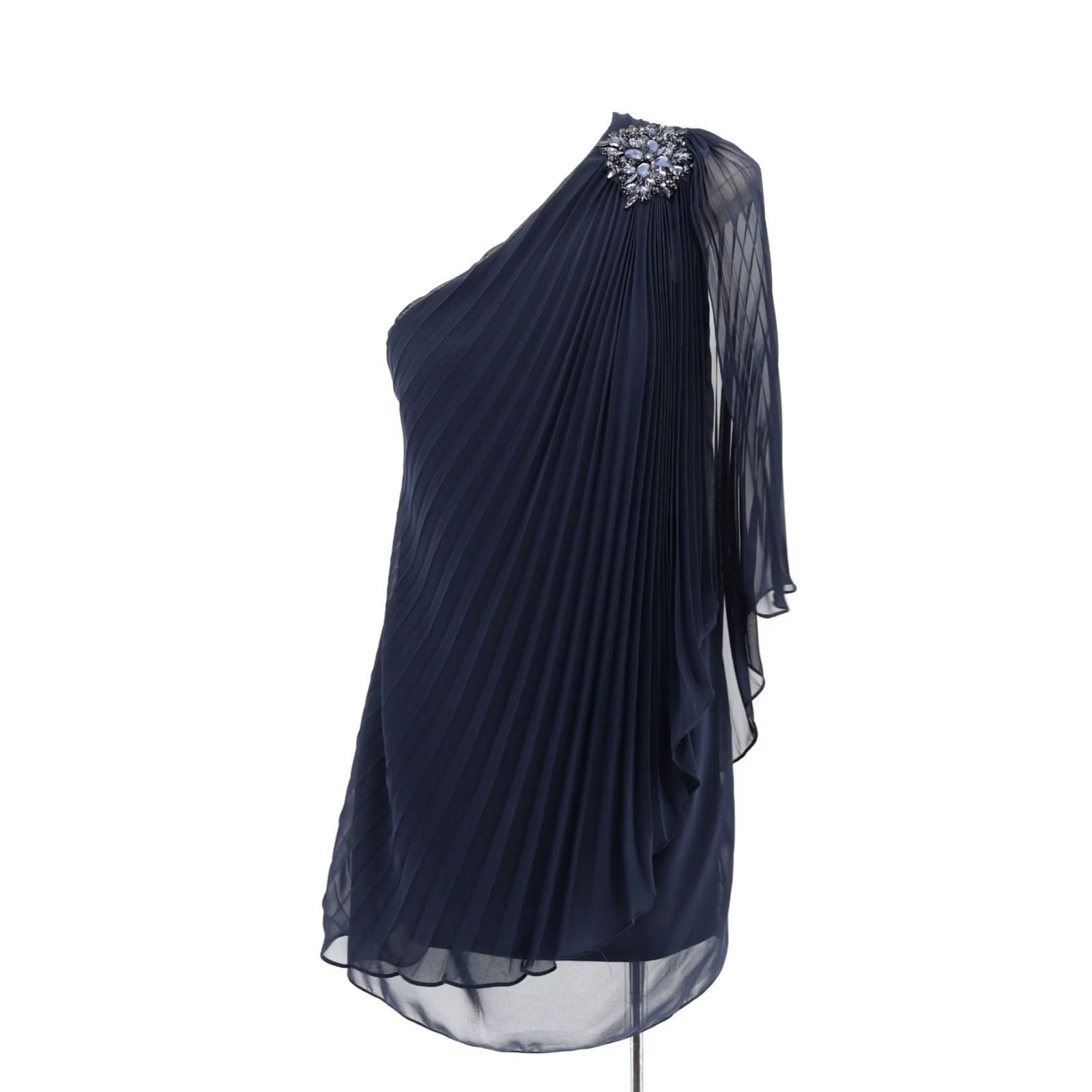 Vintage Xscape One Shoulder Pleated Bejeweled Lined Sheer Mini Dress Navy 6 Women Party Cocktail Short Dress Size M / US 6-8 / IT 42-44 - 2 Thumbnail