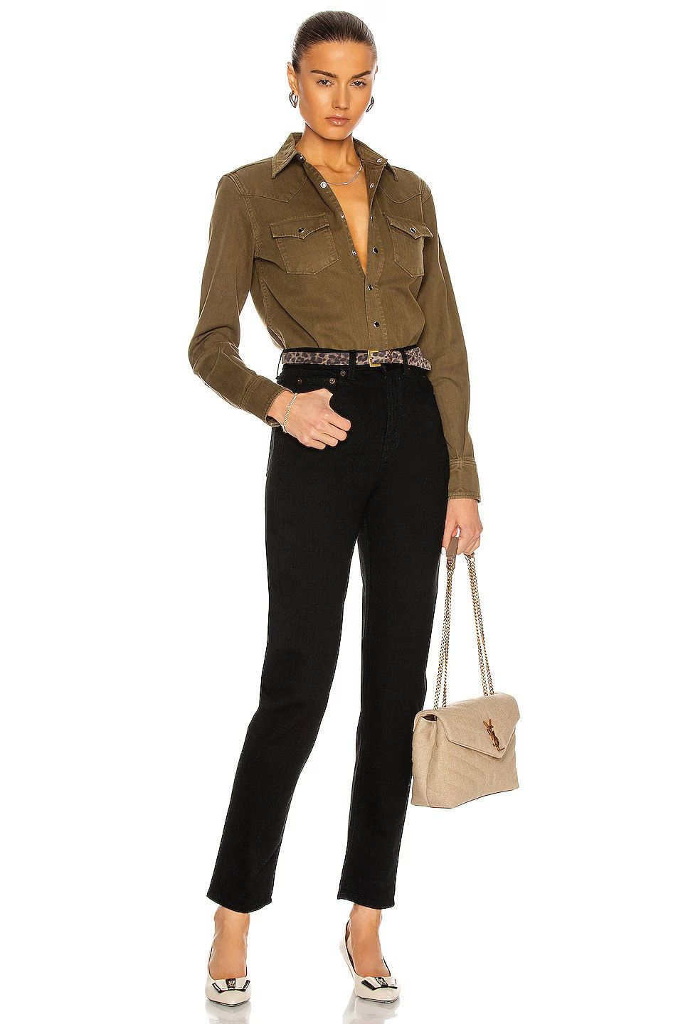 Saint Laurent Paris Khaki Stonewashed Western Yoke Denim Shirt Size XS / US 0-2 / IT 36-38 - 5 Thumbnail