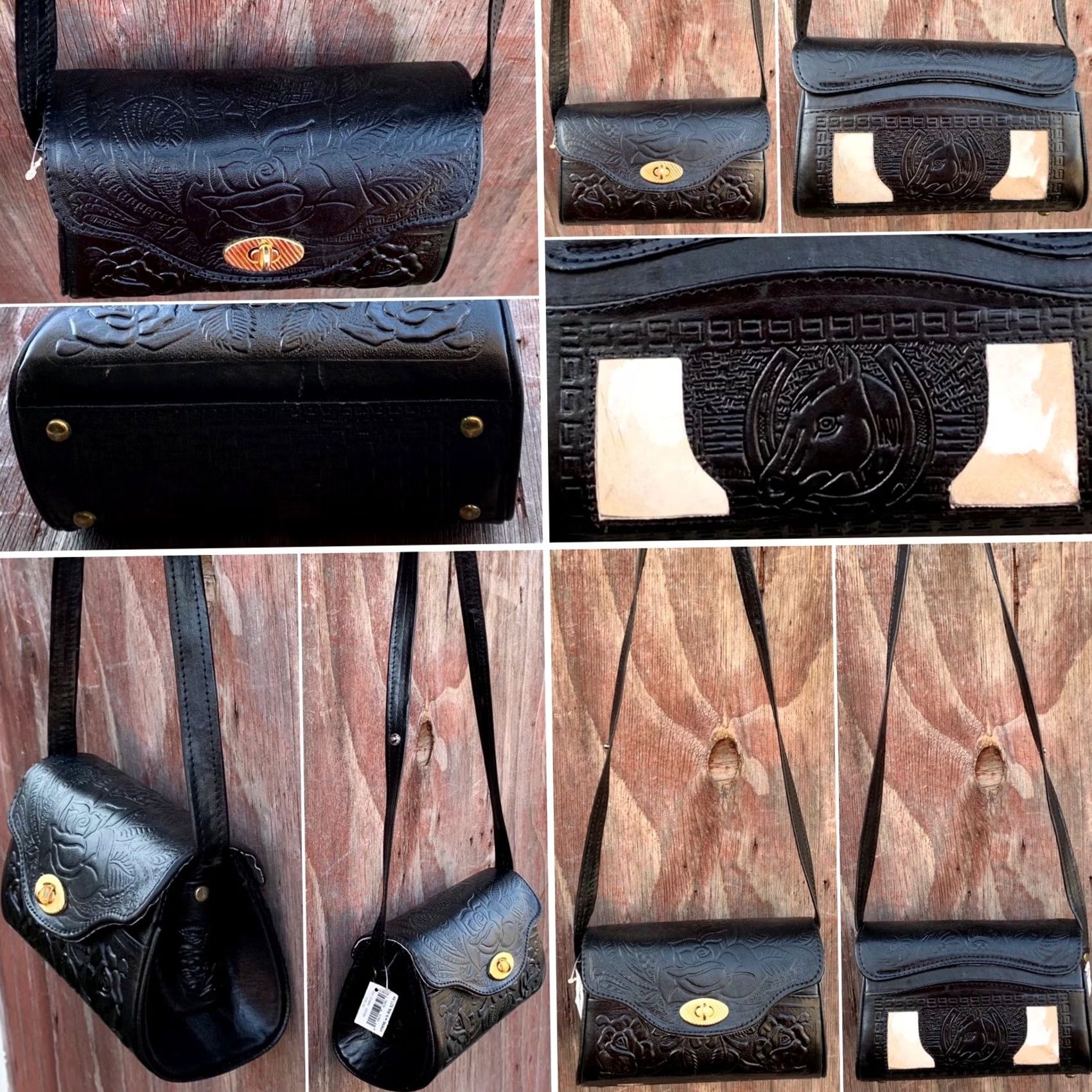 Vintage VINTAGE Tooled Leather Purse Shoulder Bag Crossbody Black W/ Hair On Hide Horse Floral - Hecho In Mexico Women Bag Size ONE SIZE - 6 Thumbnail
