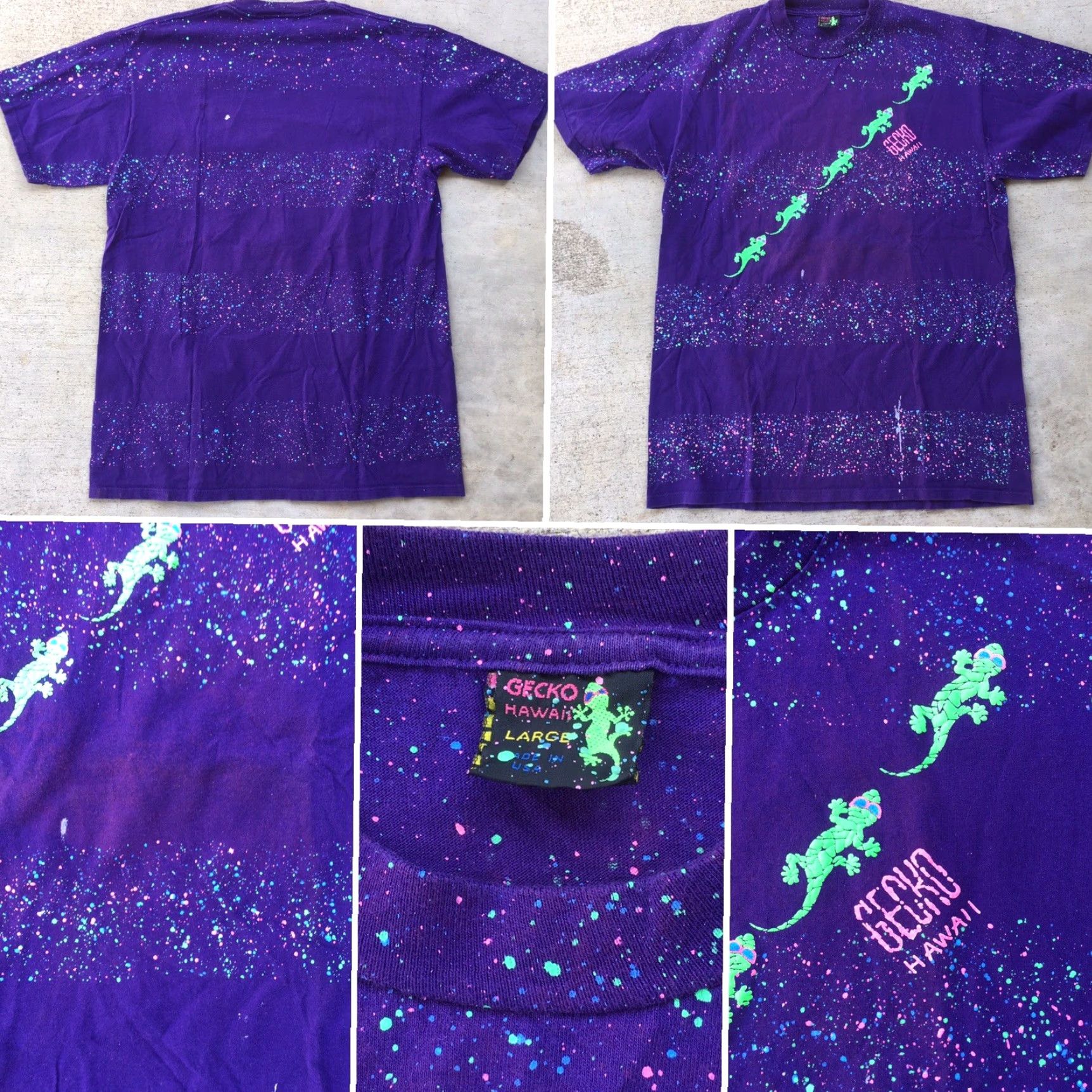 Vintage VINTAGE Gecko Hawaii T-Shirt Mens L Purple Neon Graphics Happy Shirts Geckos Puff Paint 80s 90s Neon Splatter Striped Animals Hawaiian Size US L / EU 52-54 / 3 - 5 Thumbnail