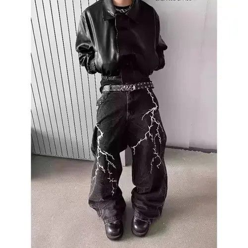 Jean Oversized Baggy Lightning Print Wide Leg Jeans Size US 30 / EU 46 - 7 Thumbnail